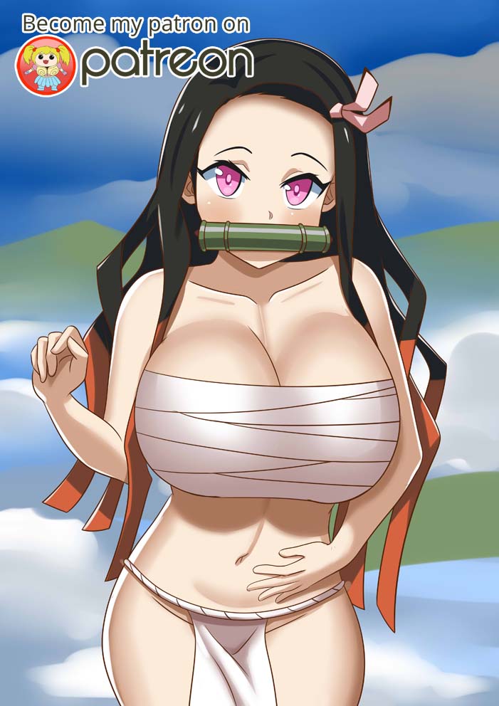 1girls alternate_breast_size atz-zukin big_breasts black_hair demon_girl demon_slayer front_view fundoshi huge_breasts kamado_nezuko kimetsu_no_yaiba loincloth long_hair looking_at_viewer multicolored_hair oni orange_hair pink_eyes sarashi thick_thighs thin_waist