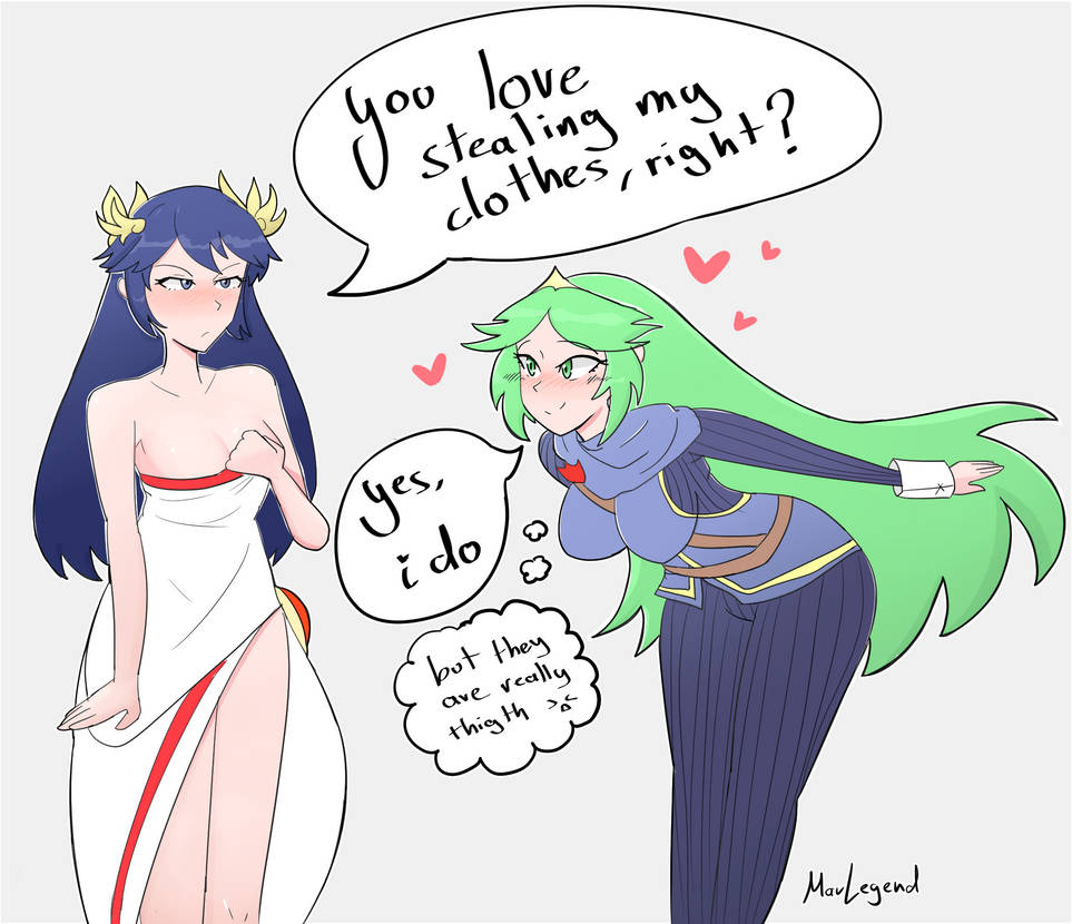 alternate_costume annoyed artist_name artist_signature blank_background blue_eyes blue_hair blush cosplay costume_switch crossover dress fire_emblem fire_emblem_awakening green_eyes green_hair heart ill_fitting_clothing kid_icarus kid_icarus_uprising large_breasts lucina_(fire_emblem) lucina_(fire_emblem)_(cosplay) maulegend medium_breasts nintendo outfit_swap palutena palutena_(cosplay) smile tights tunic yuri