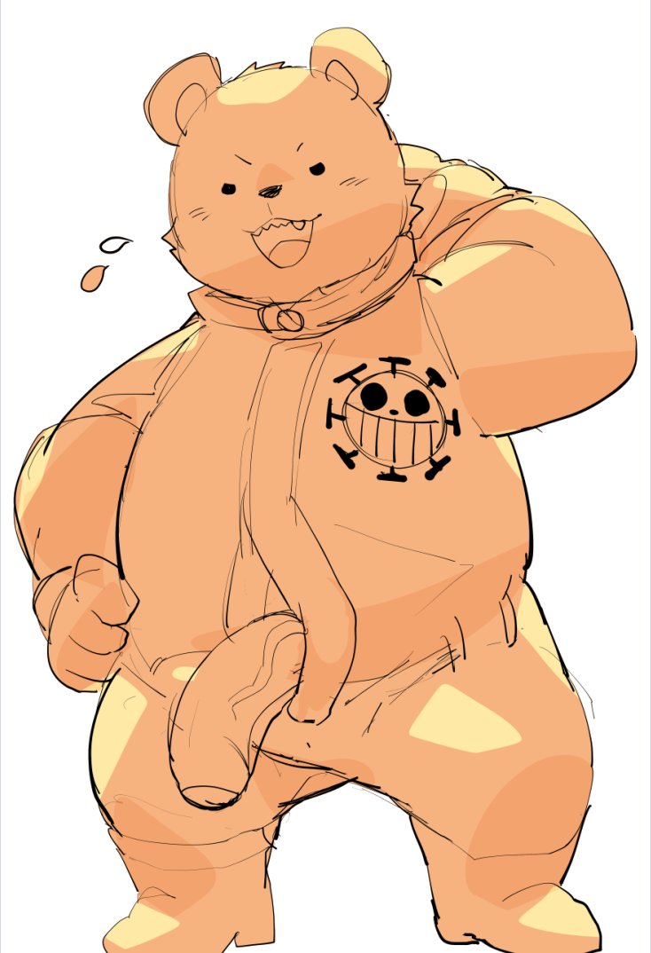 2023 anthro bear bepo blush clothed clothing dot_eyes genitals kemono male male_only mammal masshiro minkmen_(one_piece) one_piece overweight overweight_male penis polar_bear simple_background solo ursine white_background