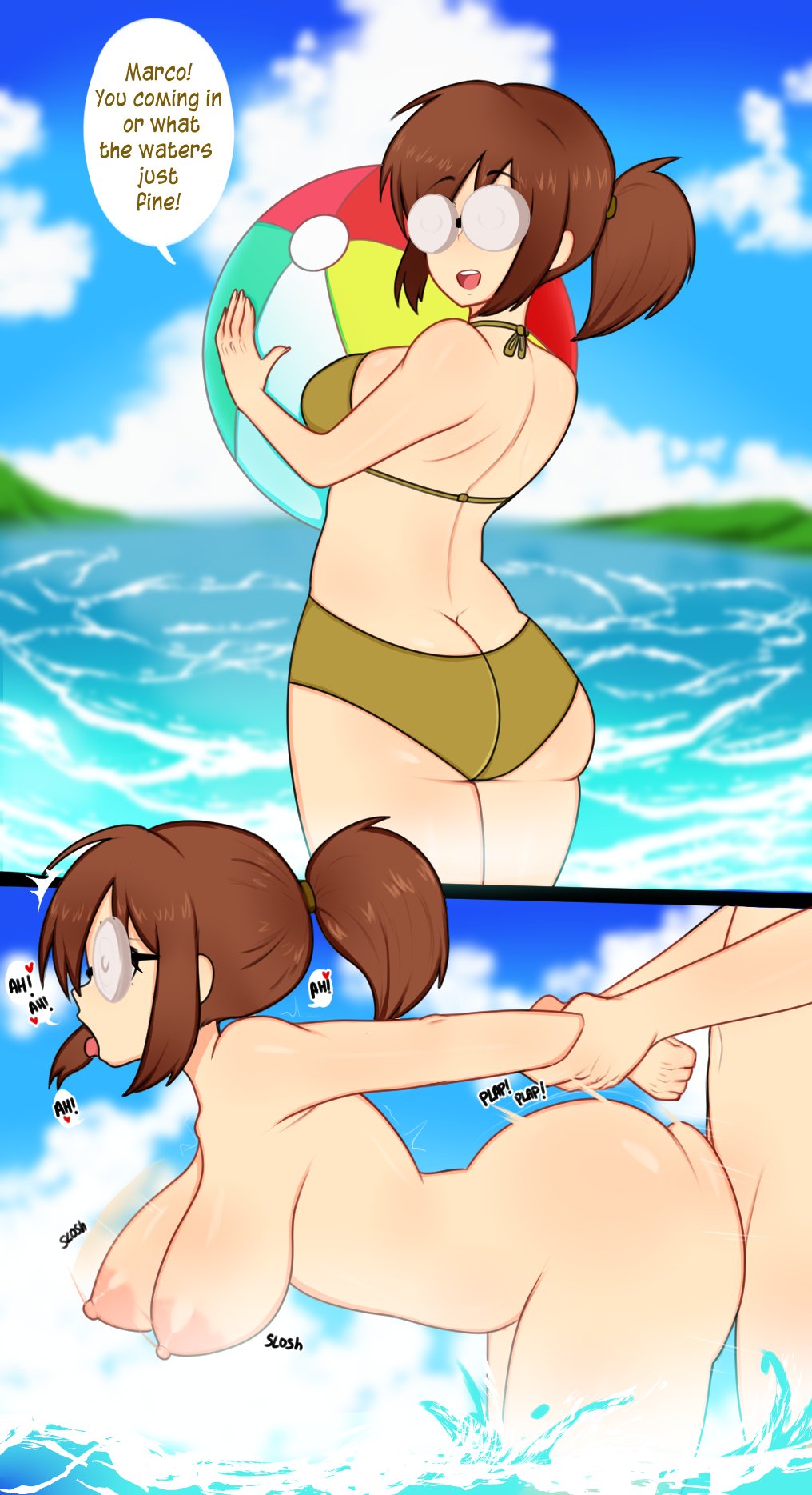 alternate_version_available arm_grab bent_over coke-bottle_glasses dialogue fio_germi from_behind from_behind_position glasses green_bikini marco_rossi metal_slug ocean pounding scocks4you sex side_view standing standing_sex swimsuit text_bubble water