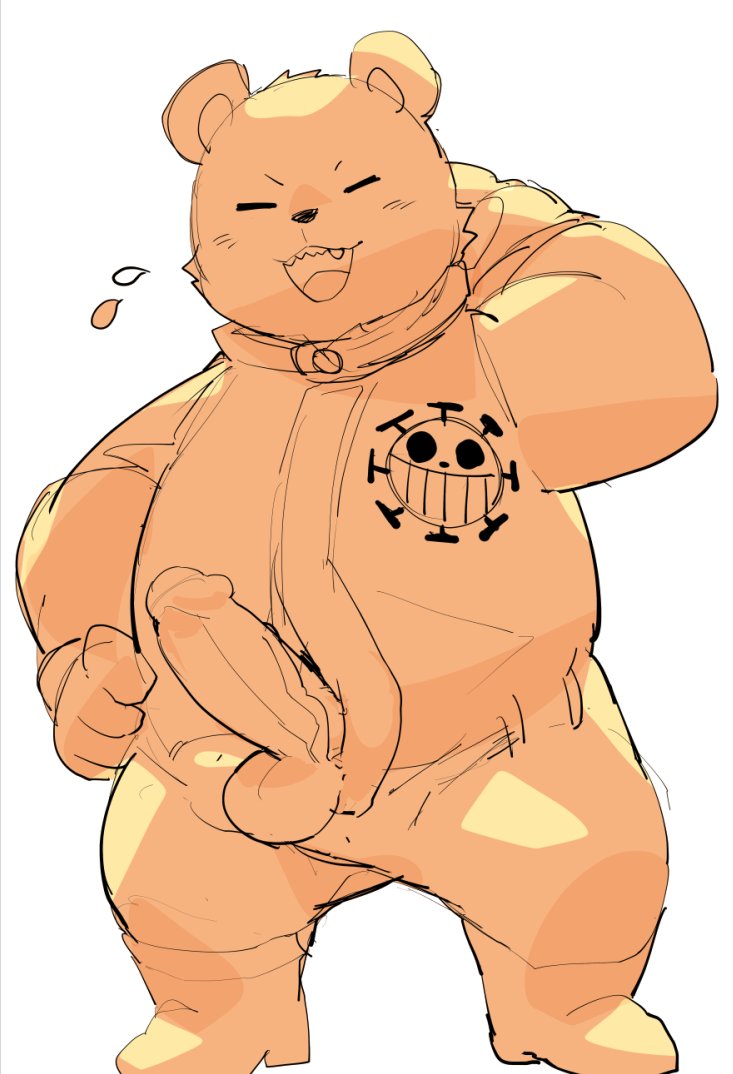 2023 anthro balls bear bepo blush closed_eyes clothed clothing erection genitals kemono male male_only mammal masshiro minkmen_(one_piece) one_piece overweight overweight_male penis polar_bear simple_background solo ursine white_background