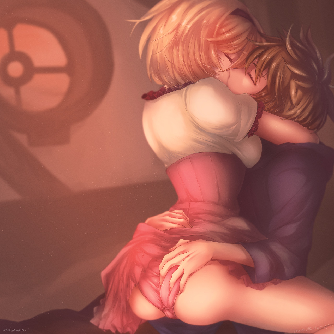 1boy, 1girls, arms around partner, artist name, artist signature, ass, ass grab, blonde hair, blue shirt, breasts, brown hair, closed eyes, cute, djeeta (granblue fantasy), dress, female, female protagonist, gran (granblue fantasy), granblue fantasy, hairband, hug, indoors, kissing, legs, light skin, light-skinned female, light-skinned male, male, male protagonist, medium breasts, pink panties, romantic, shiny hair, shiny skin, short hair, sitting on lap, skirt lift, thighs, wholesome