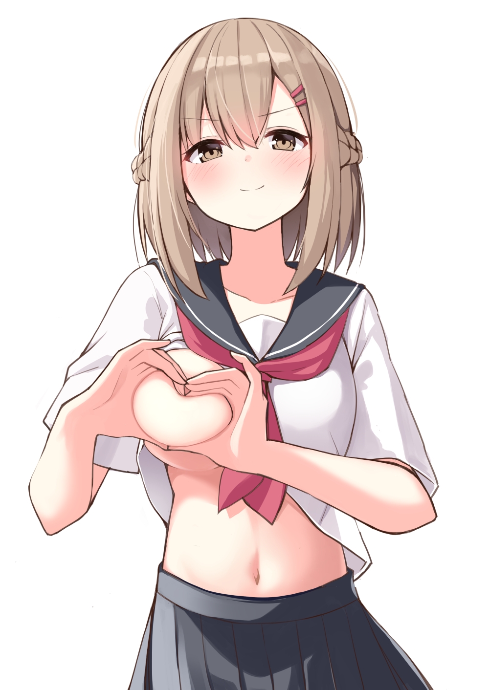 1girls 2020s 2023 areola_slip black_skirt breasts brown_eyes brown_hair childhood_friend_(ominaeshi) female heart-shaped_boob_challenge light-skinned_female light_skin looking_at_viewer medium_breasts navel ominaeshi_(takenoko) one_breast_out original school_uniform schoolgirl shirt skirt smile solo standing teenage_girl teenager white_background white_shirt