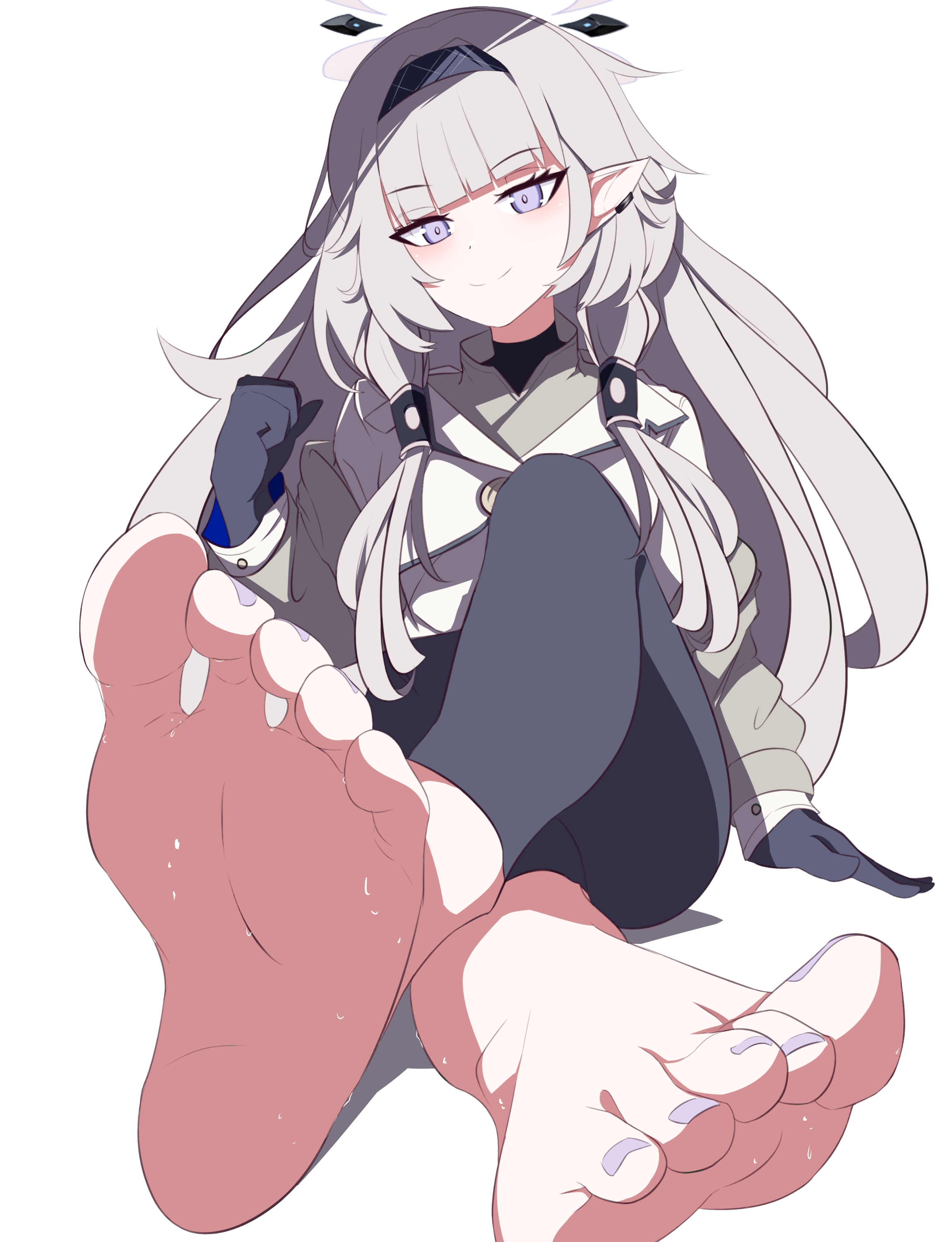 artist request, barefoot, blue archive, clenched fist, crossed legs, feet, foot fetish, foot focus, fully clothed, himari (blue archive), millennium science school student, painted toenails, sitting, smile, soles, super phenomenon task force (blue archive), sweaty feet, tagme, tagme (artist)