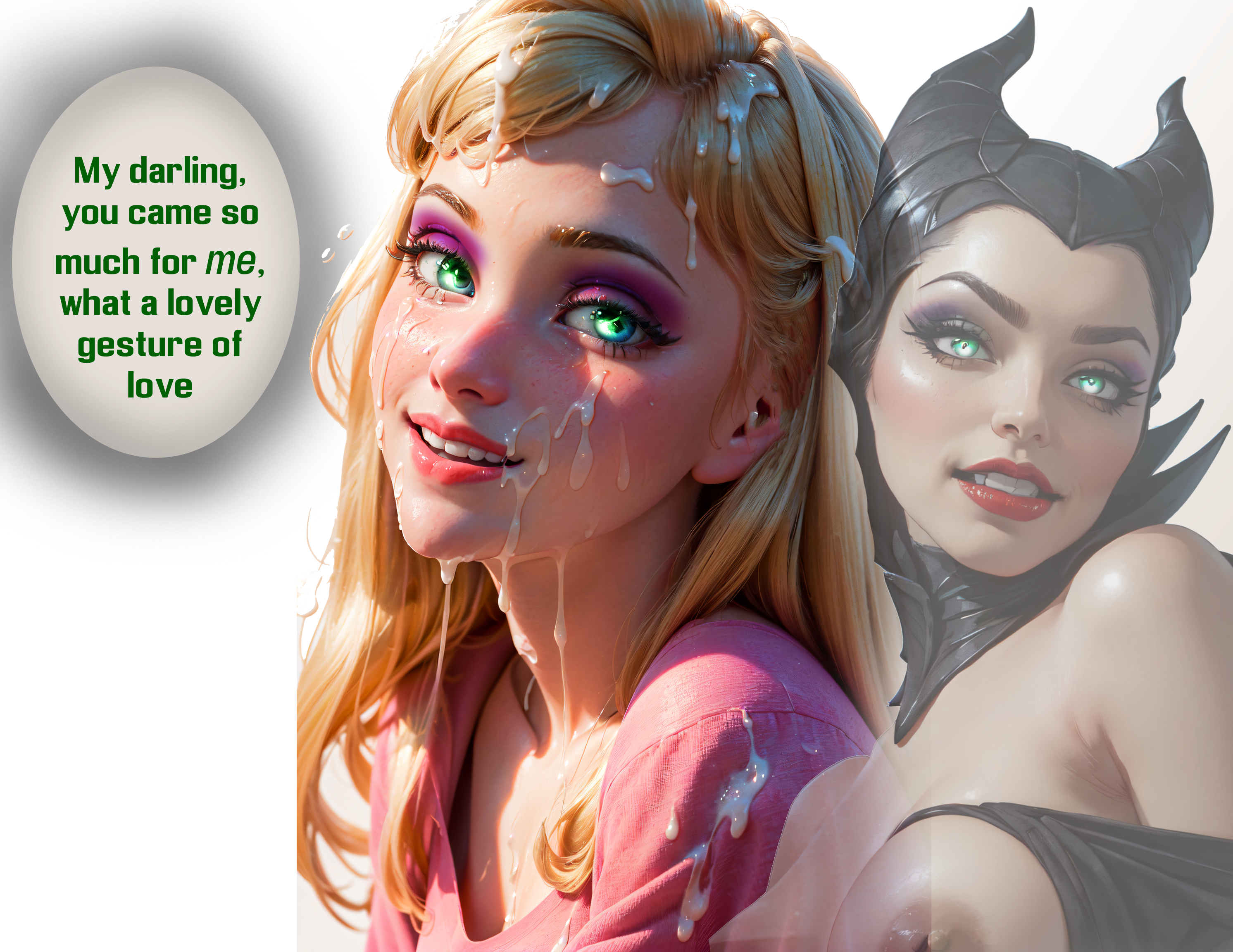 2girls, ai generated, aurora (sleeping beauty), corruption, cum on face, disney, disney princess, disney villains, edit, eyeshadow, female, female only, horns, loraae (ai), maleficent, possessed, possession, princess, royalty, sleeping beauty (1959 film), speech bubble, text, witch