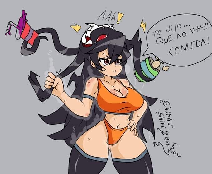 :t black_hair breasts filia_(skullgirls) pout skullgirls sport_suit white_skin yellow_eyes