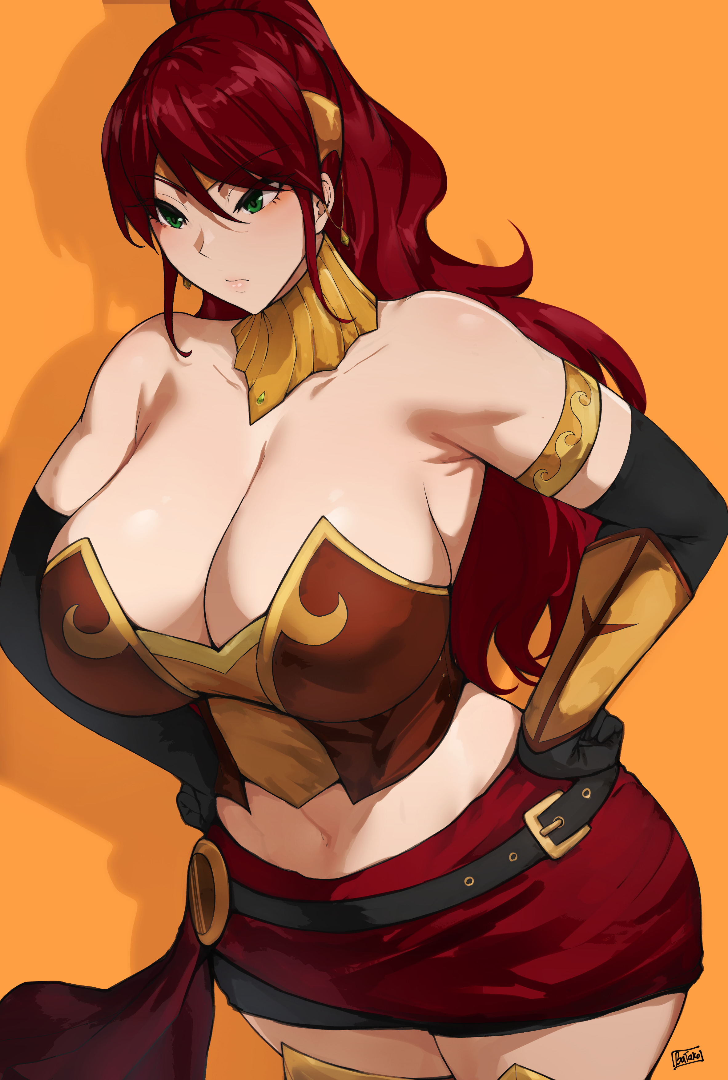 1girls, batako, breasts, cleavage, curvy, female, female only, fully clothed, green eyes, hand on hip, huge breasts, light skin, light-skinned female, plump, ponytail, pyrrha nikos, red hair, rwby, solo