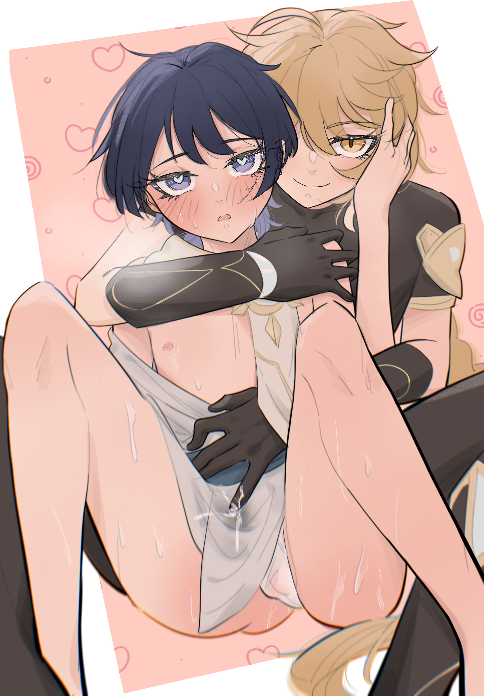 2boys, aether (genshin impact), blush, cum, cum on body, doujinshi, erection, femboy, gay, genshin impact, girly, heart, heart-shaped pupils, looking at viewer, male, male only, nipples, scaramouche (genshin impact), smile, spread legs, submissive, submissive male, tagme, twink, underwear, yaoi