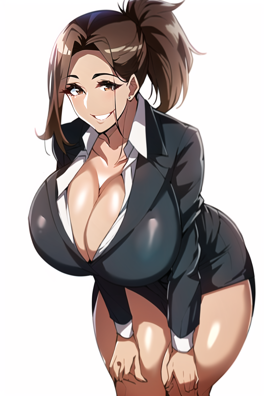 2023, ai generated, bent over, big breasts, big eyes, bottomless, breasts, brown eyes, brown hair, business suit, busty, cleavage, collarbone, collared shirt, female, gigantic breasts, hair strand, hands on knees, huge breasts, large breasts, leaning forward, looking at viewer, nai diffusion, office lady, original, ponytail, shiny, shiny clothes, shiny hair, shiny skin, smile, solo, solo female, stable diffusion, thick thighs, tight clothes, wide hips