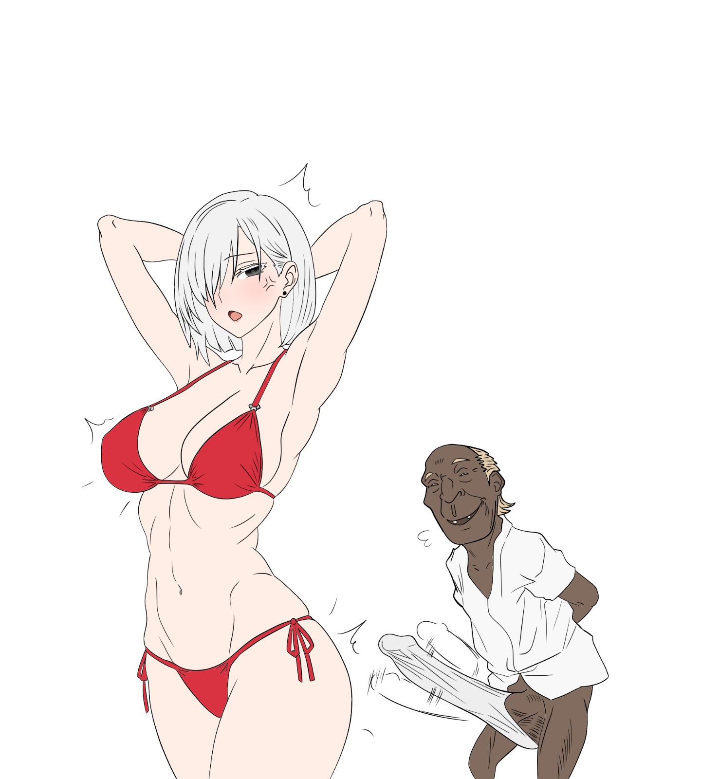 1boy, 1girls, 2023, 2d, adult female, adult male, adults, age difference, angry, angry face, arms behind back, arms up, big penis, bikini, bottomless male, breasts, cheating, cleavage, dark skin, dark-skinned male, female, fiona frost, hair over one eye, hetero, huge cock, human, human female, human male, human only, imminent sex, interracial, light skin, light-skinned female, looking at another, looking back, male, netorare, nightfall (spy x family), no sex, not ai generated, old male, older male, older male and younger female, pale skin, pale-skinned female, penis, pose, posing, presenting, questionable consent, realistic breast size, realistic proportions, red bikini, rudo ntr, short hair, simple background, spy x family, standing, straight, tsundere, ugly bastard, white background, white hair, younger female