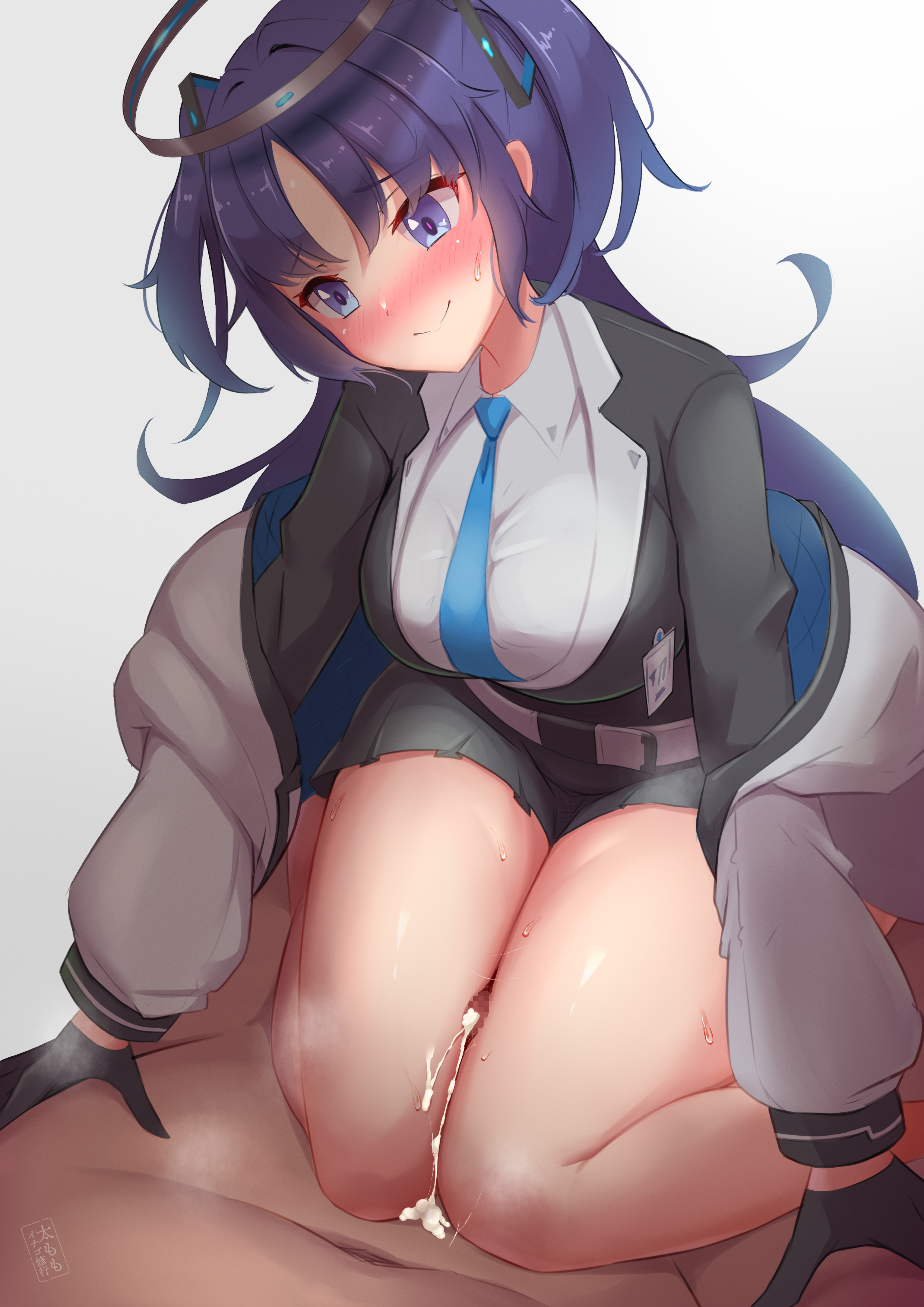 1boy, 1girls, big breasts, bitchmotor, black gloves, blue archive, blue eyes, blue hair, blue necktie, breasts, censored, clothed female nude male, cum, cum on thighs, dark skin, dark-skinned male, ejaculation, female, gloves, halo, light skin, light-skinned female, male, mechanical halo, millennium science school logo (blue archive), millennium science school student, mosaic censoring, necktie, penis, seminar (blue archive), thigh sex, yuuka (blue archive)