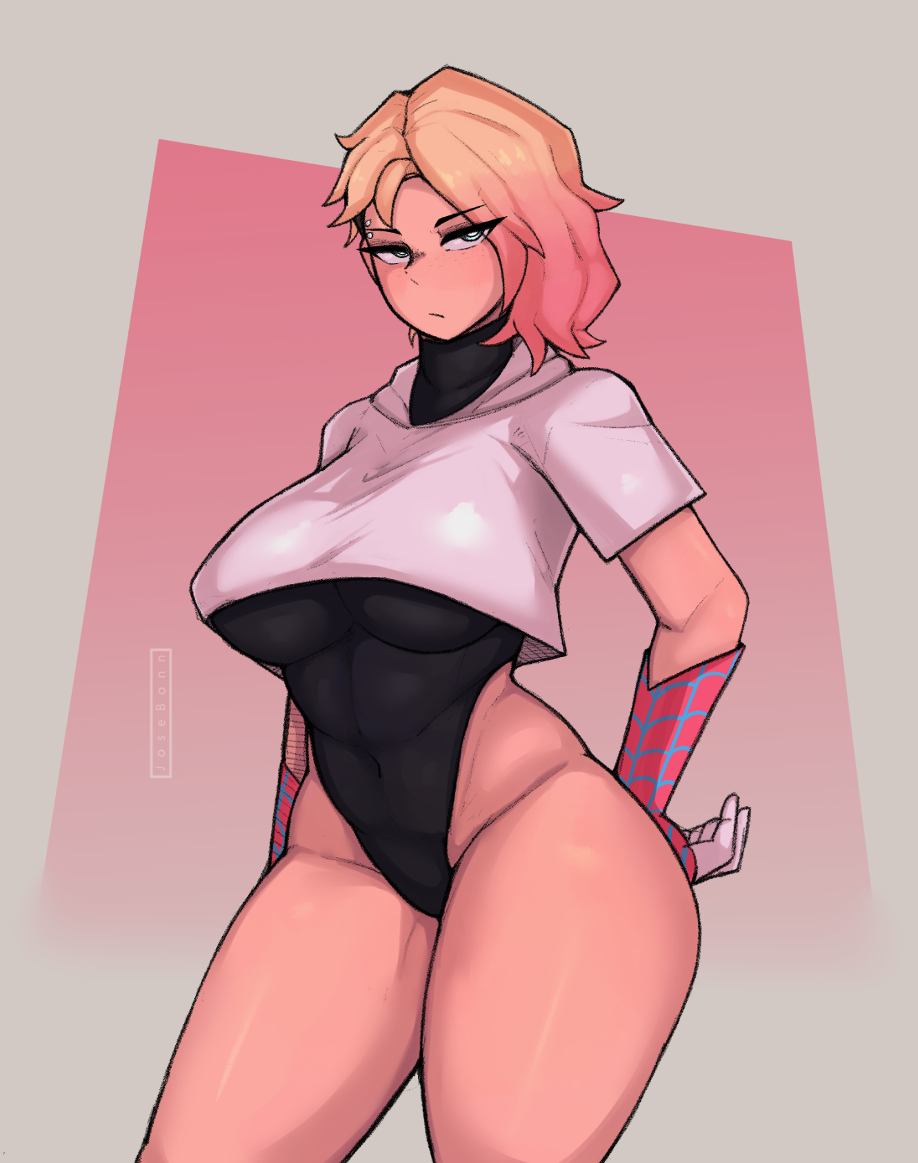 1girls, big thighs, blonde hair, blue eyes, breasts, busty, eyebrow piercing, eyelashes, female, gwen stacy, half-dressed, hourglass figure, huge breasts, josebonn, light skin, light-skinned female, marvel, marvel comics, pink hair, solo, solo female, spider-gwen, spider-man: across the spider-verse, spider-man: into the spider-verse, superheroine, thick thighs, wide hips
