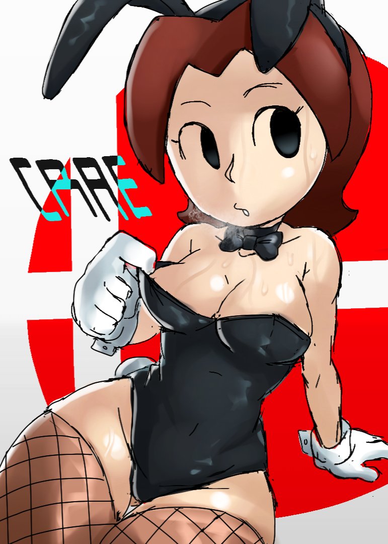 1girls, bowtie, breasts, brown hair, bunny ears, bunny tail, bunnysuit, choker, crae, female, fishnets, gloves, looking away, medium breasts, mii, mii gunner, mii gunner (smash 4), mob face, nintendo, solo, solo female, steam, super smash bros., sweat, thighs