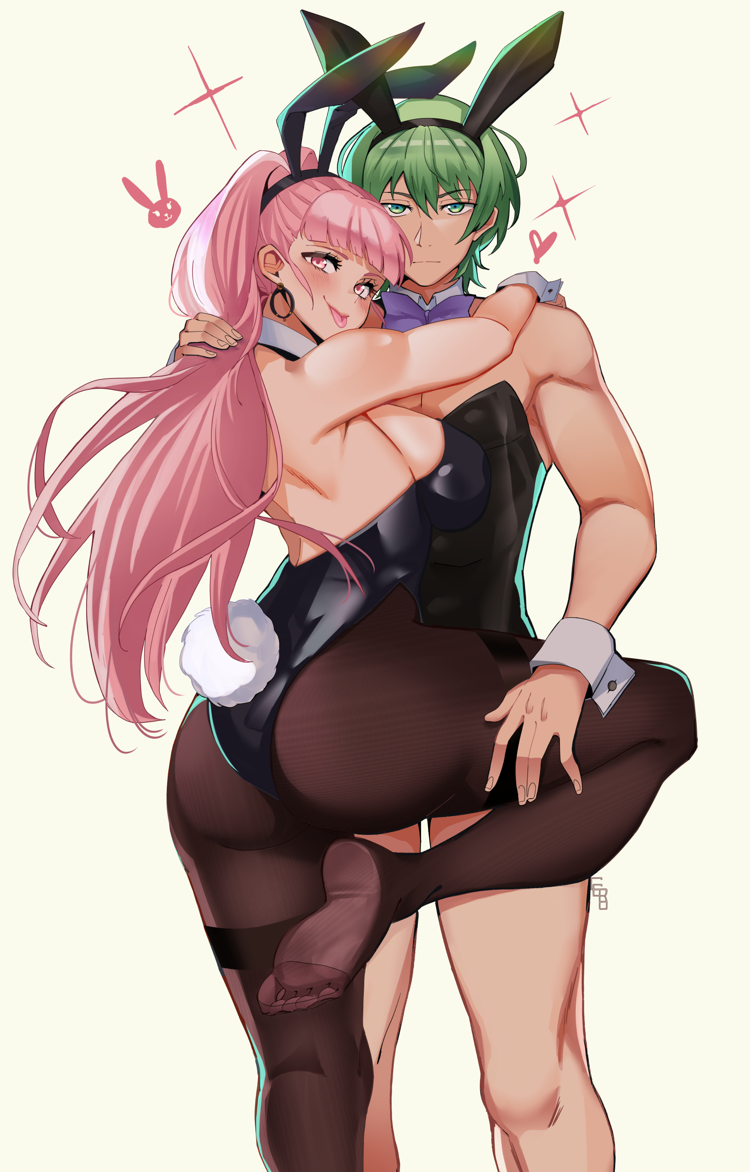 :p, 1boy, 1girls, alternate costume, animal ears, ass, back, backless outfit, bangs, bare back, bare shoulders, big ass, black leotard, blunt bangs, blush, bow, bowtie, breasts, brown pantyhose, bunny boy, bunny ears, bunny girl, bunny tail, bunnysuit, byleth (fire emblem), byleth (fire emblem) (male), ceroccb, closed mouth, commentary, crossdressing, detached collar, earrings, english commentary, enlightened byleth (male), fake animal ears, fake tail, feet, female, fingernails, fire emblem, fire emblem: three houses, green eyes, green hair, hair between eyes, hand on another's thigh, highres, hilda valentine goneril, hoop earrings, hug, jewelry, large breasts, leg up, leotard, long hair, looking at viewer, looking back, male, male playboy bunny, muscular, muscular male, nintendo, no shoes, pantyhose, pink eyes, pink hair, playboy bunny, ponytail, purple bow, purple bowtie, rabbit ears, rabbit tail, short hair, sideboob, simple background, soles, standing, standing on one leg, strapless, strapless leotard, tail, thighs, tongue, tongue out, twintails, very long hair, white background, wrist cuffs