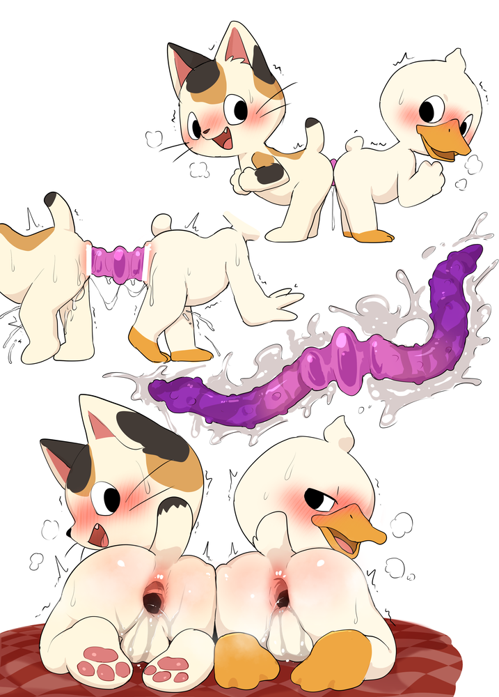 anatid, anseriform, avian, balls, bird, bodily fluids, cum, domestic cat, double dildo, duck, felid, feline, felis, fur, gaping anus, genital fluids, genitals, male, male/male, mammal, manmosu marimo, penetration, penis, sex, simple background, young