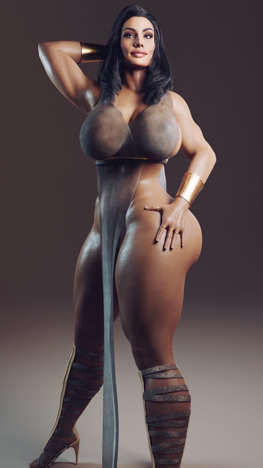 1girls, 3d, 3d (artwork), 5 fingers, amazon, ass, ass focus, bare legs, bare shoulders, bare thighs, big ass, big breasts, big butt, black hair, breasts, bubble ass, bubble butt, butt focus, curvaceous, curvy, curvy body, curvy female, curvy figure, dc, dc comics, diana of themyscira, diana prince, dress, fat ass, female, female only, grvty3d, hand on head, high heels, high resolution, huge ass, huge breasts, huge butt, injustice 2, large ass, large breasts, light skin, light-skinned female, long hair, looking at viewer, looking back, mostly nude, nude, nude female, rear view, sideboob, solo, solo female, thick, thick ass, thick hips, thick legs, thick thighs, thighs, voluptuous, voluptuous female, wide hips, wonder woman, wonder woman (series)