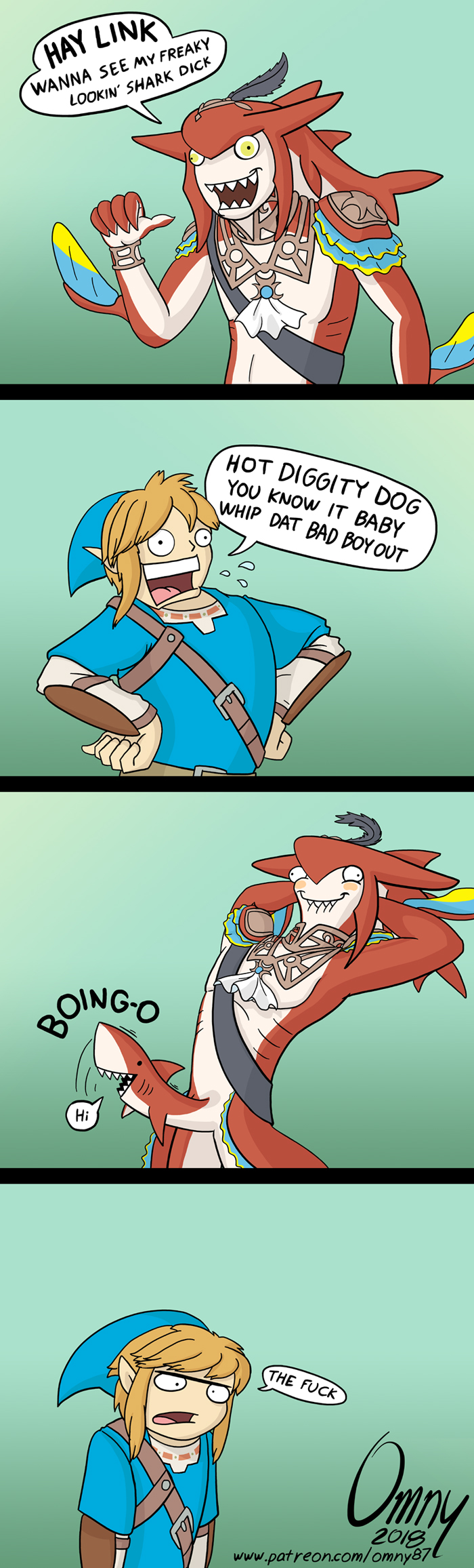 2018 2boys anthro bite biting_lip biting_own_lip blue_clothing blush bodily_fluids breath_of_the_wild clothing comedy comic dialogue english_text erection fish funny genitals gesture green_background hands_behind_head highres humanoid humanoid_pointy_ears humor hylian link link_(breath_of_the_wild) living_penis male male_only marine nintendo omny87 open_mouth open_smile penis penis_with_face prince_sidon profanity saliva self_bite sentient_penis shark sharp_teeth sidon sidon_(zelda) silly silly_face simple_background smile talking_penis teeth text the_legend_of_zelda unusual_anatomy unusual_genitalia unusual_penis weird_penis what yellow_eyes zora