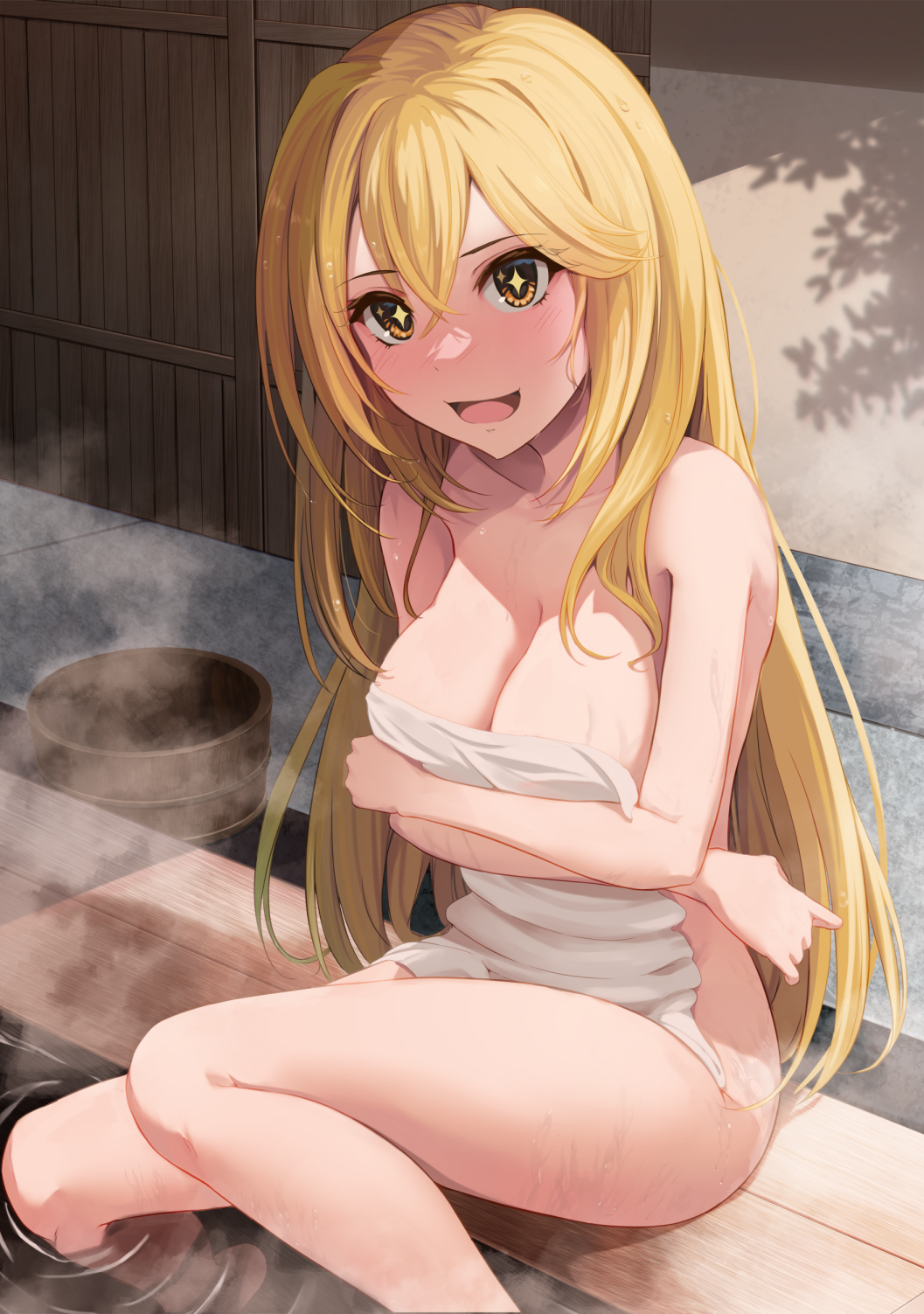 +_+ 1girls 2020s 2023 :d arms_under_breasts basket blonde_hair blush breasts bright_pupils brown_eyes cleavage completely_nude completely_nude_female covering crossed_bangs feet_in_water female hair_between_eyes k3rd large_breasts light-skinned_female light_skin long_hair looking_at_viewer matching_hair/eyes naked_towel nude nude_cover nude_female onsen open_mouth outdoors partially_submerged shokuhou_misaki sitting smile solo sparkling_eyes star-shaped_pupils star_(symbol) steam symbol-shaped_pupils teenage_girl teenager to_aru_kagaku_no_railgun to_aru_majutsu_no_index towel towel_only unusual_pupils water wet white_towel yellow_pupils young