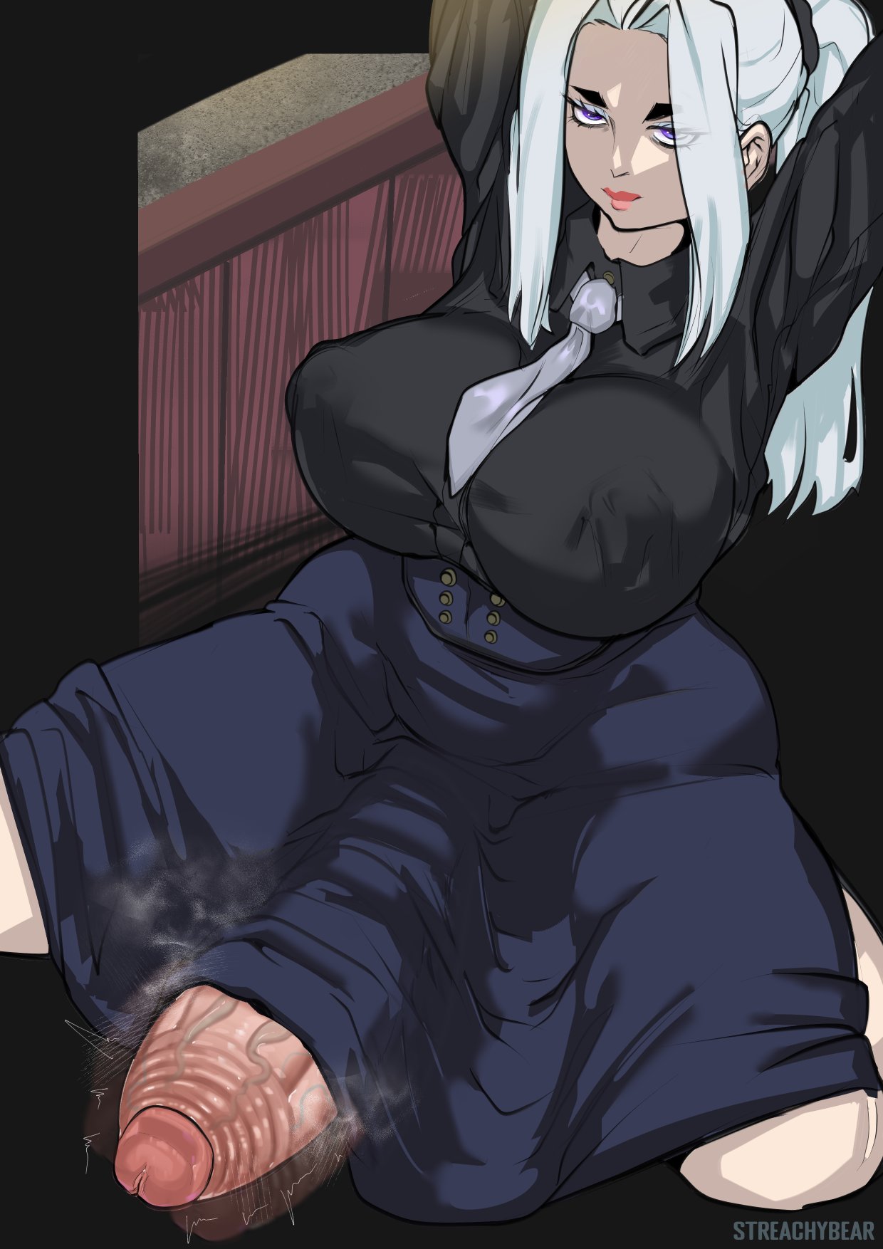 1futa breasts clothed clothing erection erection_under_clothes erection_under_skirt futa_only futanari gigantic_penis high-angle_view huge_cock human jujutsu_kaisen kneeling large_breasts light-skinned_futanari light_skin long_hair mei_mei_(jujutsu_kaisen) mostly_clothed penis retracted_foreskin sitting solo solo_futa steaming_penis streachybear