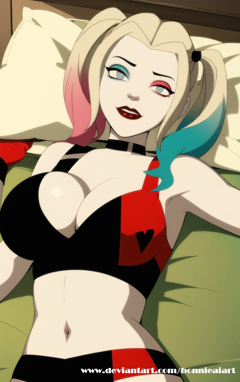 1girls ai_generated big_breasts body bonnieaiart dc dc_comics female full harley_quinn harley_quinn_(series) legs multicolored_hair nai_diffusion naked only open pale_skin stable_diffusion