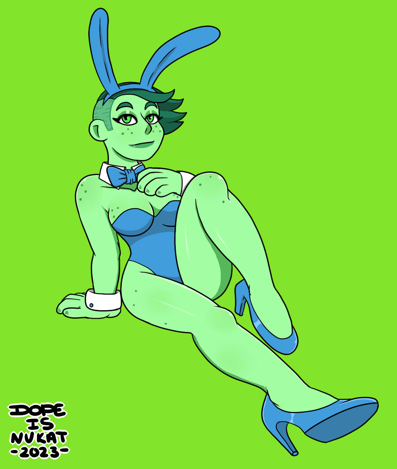 2023 alien bunny_ears bunny_girl bunnysuit cleavage d'vana_tendi dopeisnukat female freckles green_background green_eyes green_hair green_skin humanoid looking_at_viewer orion_(species) solo star_trek star_trek_lower_decks undercut