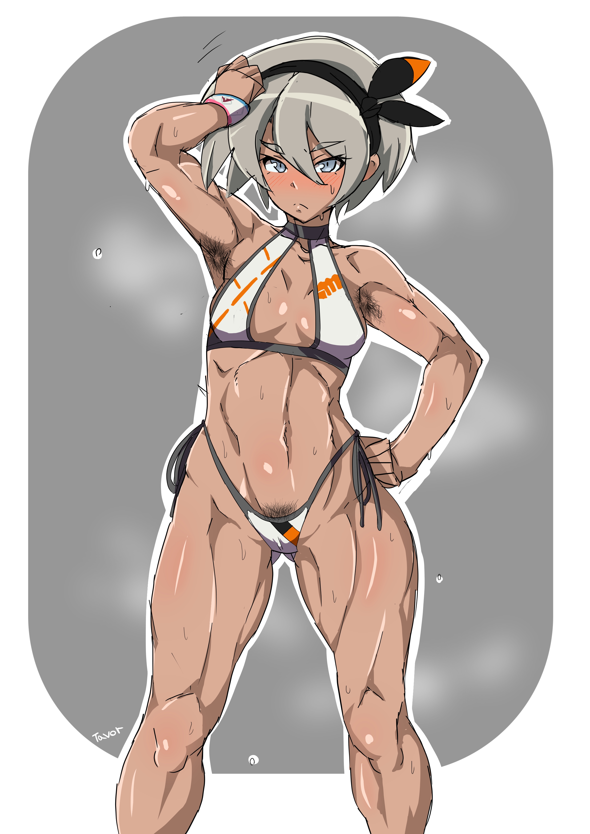 1girls, armpit, armpit hair, bea (pokemon), bikini, bracelet, breasts, dark skin, dark-skinned female, female, female armpit hair, female only, green hair, grey eyes, hairy armpits, human, human only, humanoid, looking at viewer, muscles, muscular, muscular female, no background, pokemon, pokemon ss, pubic hair, pubic hair peek, pussy, pussy hair, red fur, small breasts, solo, sweat, sweatdrop, sweating, tagme, tavor (m tavor), w