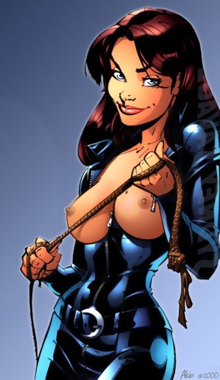 black_bodysuit blue_eyes brown_hair cleavage danger_girl dangergirlfan exposed_breasts j_scott_campbell large_breasts long_hair looking_at_viewer mischievous_smile secret_agent shiny_clothes sydney_savage tight_clothing whip zipper_pull_tab