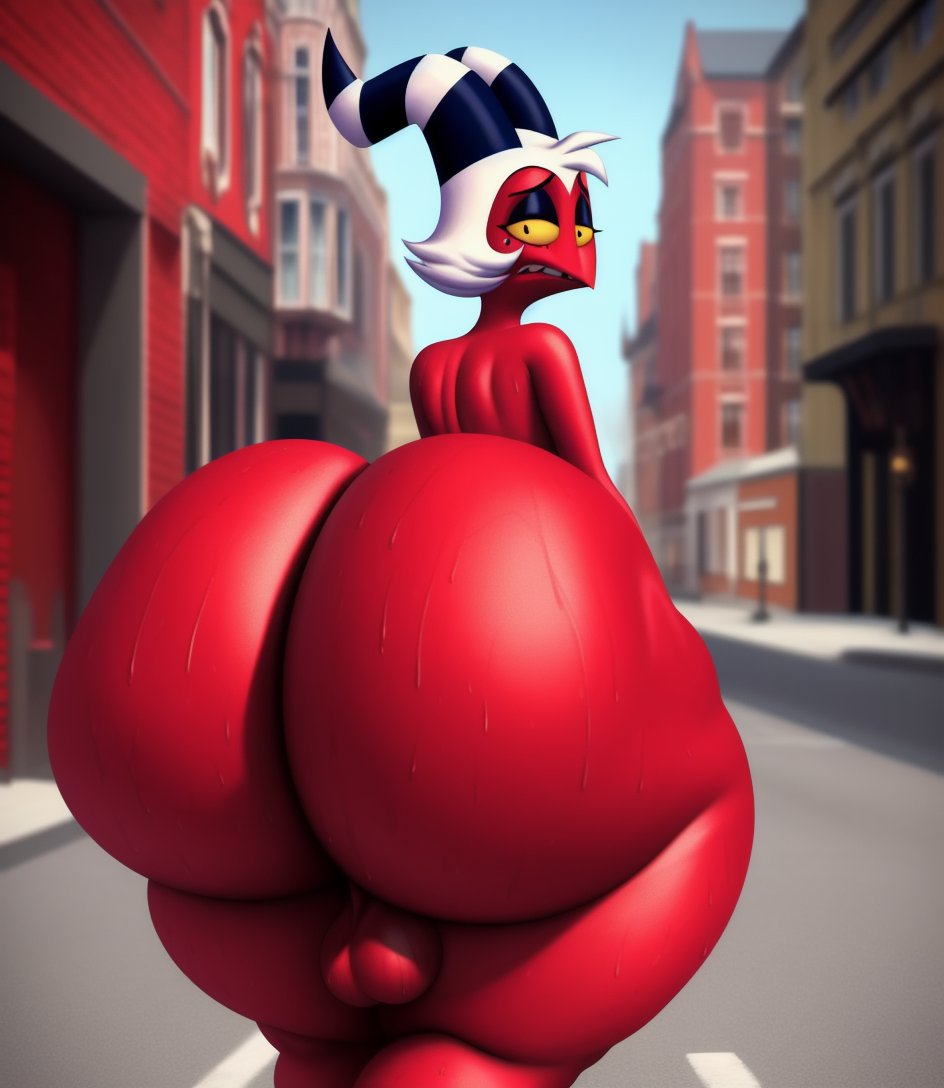 1boy, ai generated, ass, backsack, balls, ballsack, big ass, big butt, dkkaiserzc, fat ass, fat butt, femboy, femboy focus, femboy only, feminine, feminine body, feminine male, feminine pose, girly, helluva boss, horns, huge ass, huge butt, looking at viewer, looking back, looking back at viewer, male, male focus, male only, mole, mole under eye, moxxie (helluva boss), naked, red body, red skin, solo, stable diffusion, tagme, thick ass, thick butt, white hair, yellow eyes