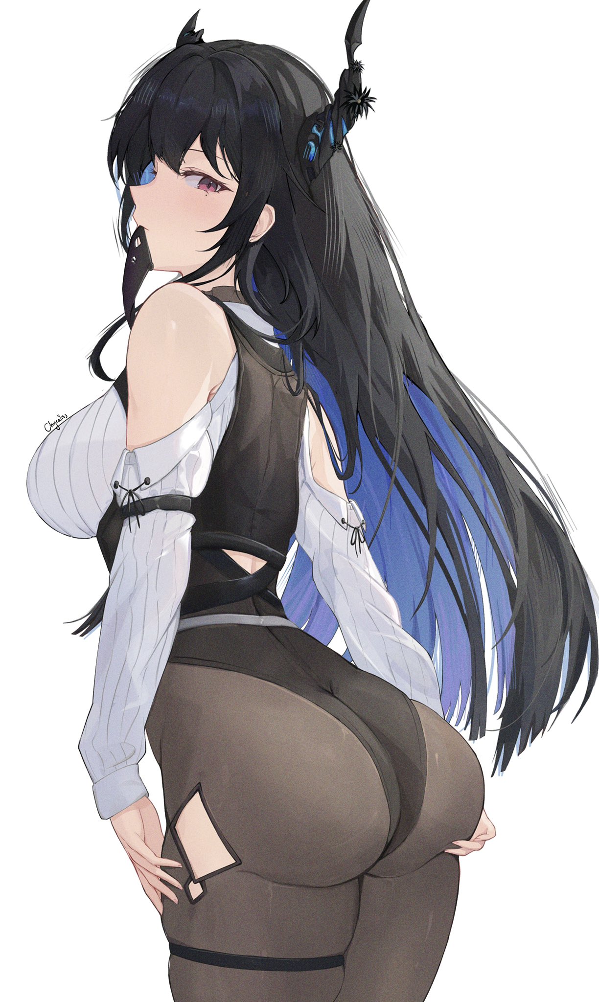 1girls beauty_mark chyraliss female female_only hololive hololive_english hololive_english_-advent- huge_ass light-skinned_female light_skin looking_down nerissa_ravencroft pantyhose rear_view solo thick_thighs thigh_strap virtual_youtuber wide_hips