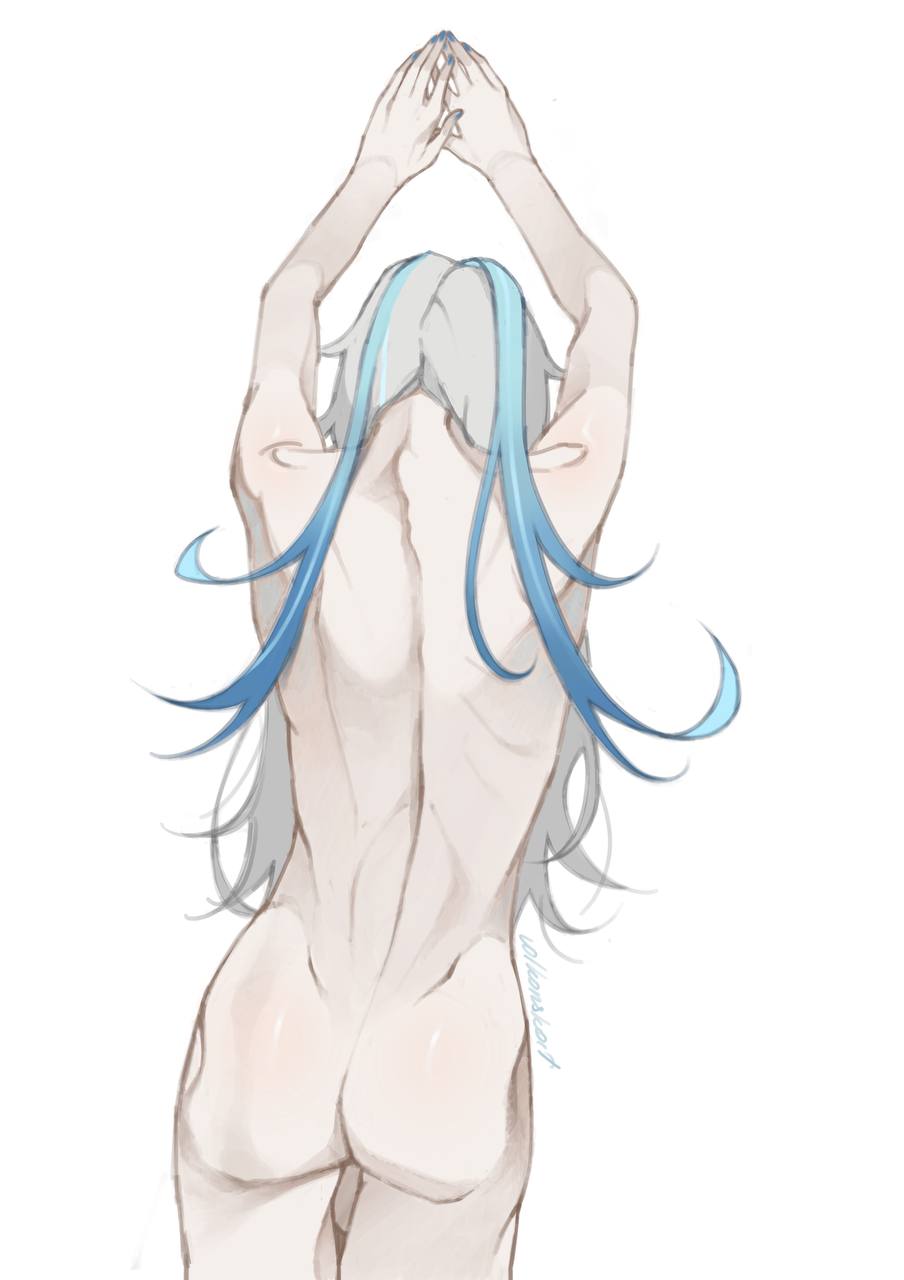 bare_ass bare_back bare_shoulders blue_strand_of_hair genshin_impact naked naked_male neuvillette_(genshin_impact) painted_nails pale-skinned_male solo_male volkonskoit