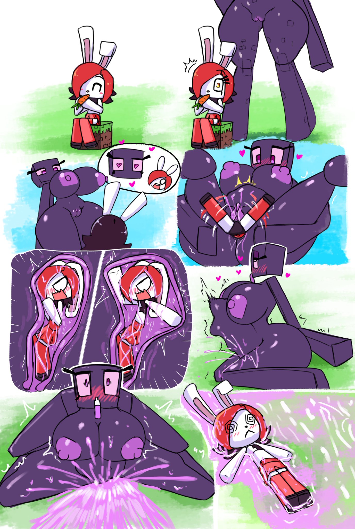 big breasts, blush, breasts, bunny ears, enderman, enderwoman, female, ichduhernz, minecraft, oc, pussy, pussy juice, rule 63, tall female, unbirthing, vore, yuri