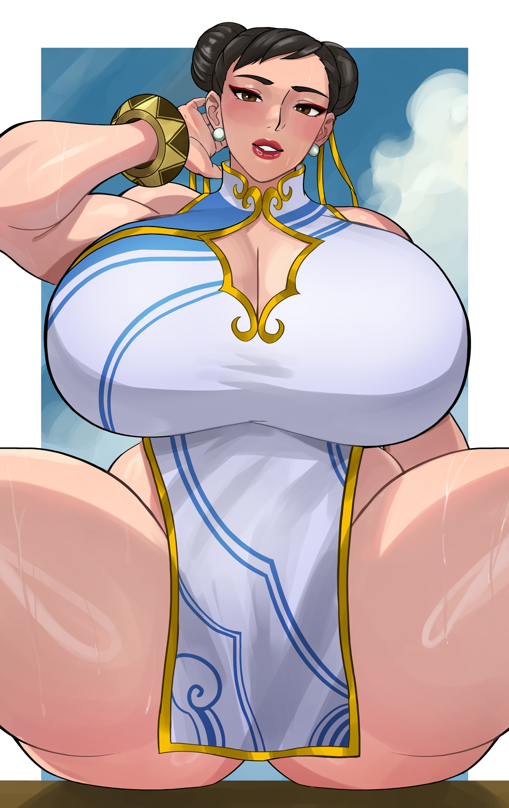 1girls asian asian_female big_breasts black_hair bracelet breasts brown_eyes capcom chinese_clothes chun-li cleavage_cutout doodlexxx dress ear_piercing earrings ecoas female female_only hair_bun hand_behind_head hi_res large_breasts legs_apart looking_at_viewer red_lipstick sitting smiling smiling_at_viewer solo street_fighter street_fighter_6 sweat sweating thick_thighs twin_buns voluptuous wet_body