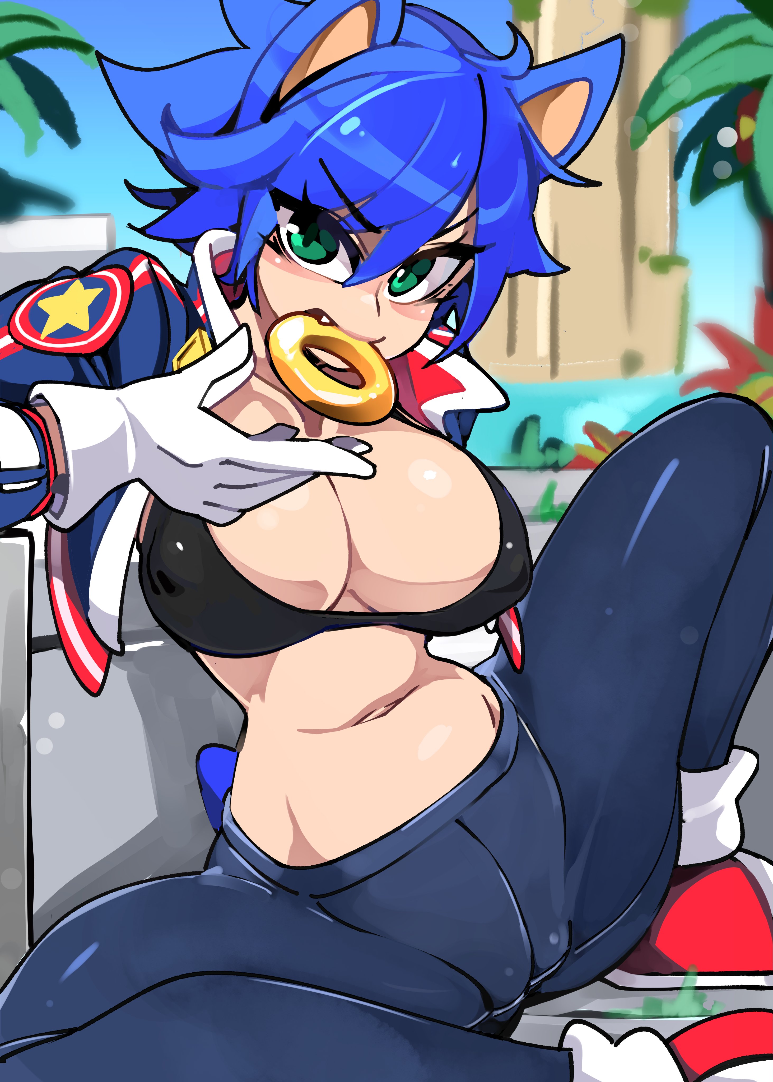 1girls, absurd res, bent legs, bikini top, blue hair, bongfillstudent, bongftah, breasts, cameltoe, female, female only, genderswap, genderswap (mtf), green eyes, humanized, legs apart, looking at viewer, nipple bulge, object in mouth, pussy, rule 63, sega, sitting, solo, sonic (series), sonic the hedgehog, sonic the hedgehog (series)