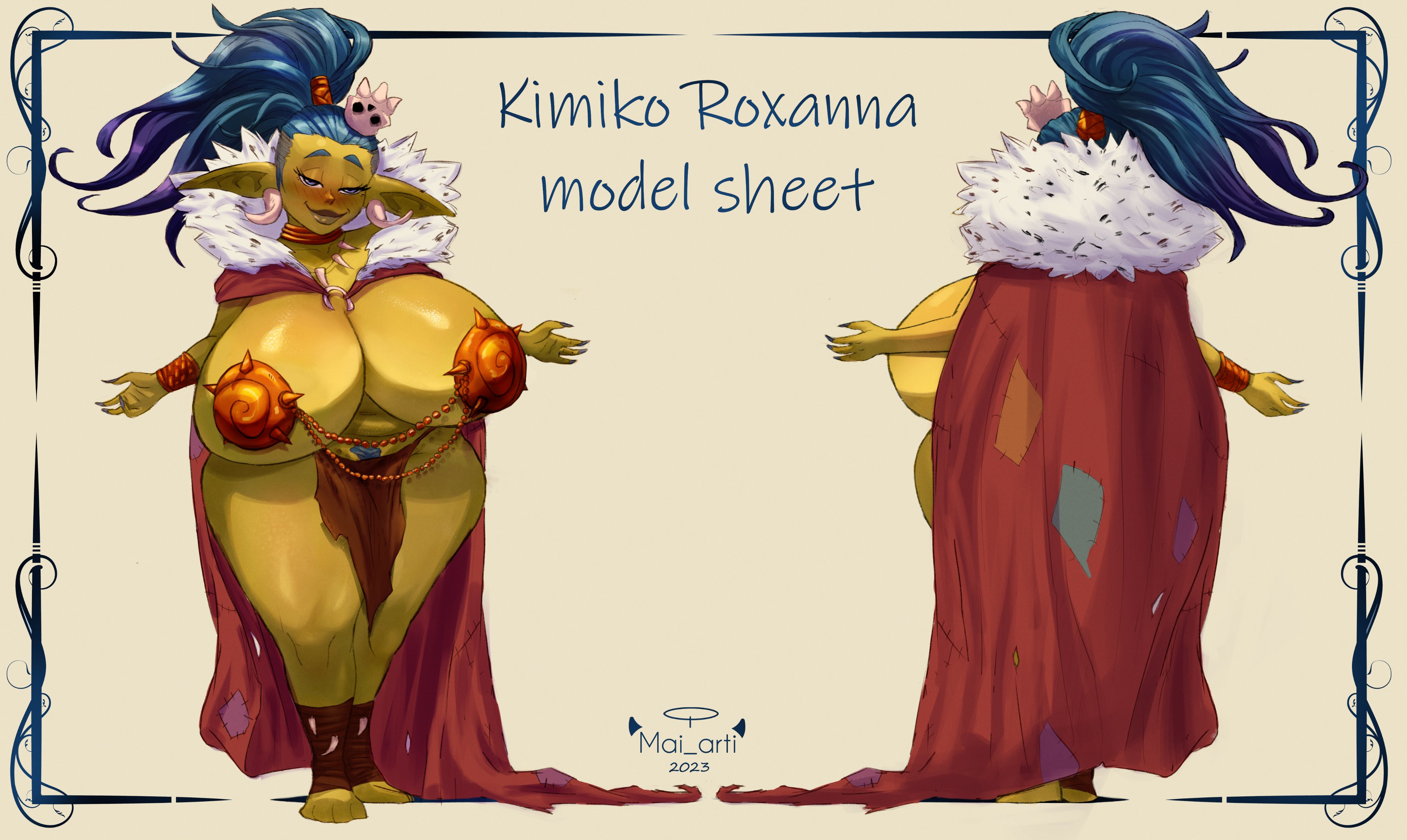 1girls, 2023, absurd res, big breasts, blue eyes, blue hair, blue pubic hair, breasts, character sheet, cloak, female, female only, goblin, goblin female, green skin, high ponytail, huge breasts, loincloth, long hair, looking at viewer, mai arti, mantle, narrowed eyes, nipple pasties, original, original character, pasties, pointy ears, pubic hair, royalty, shaved side, smiling, smiling at viewer, solo, thick thighs, tribal