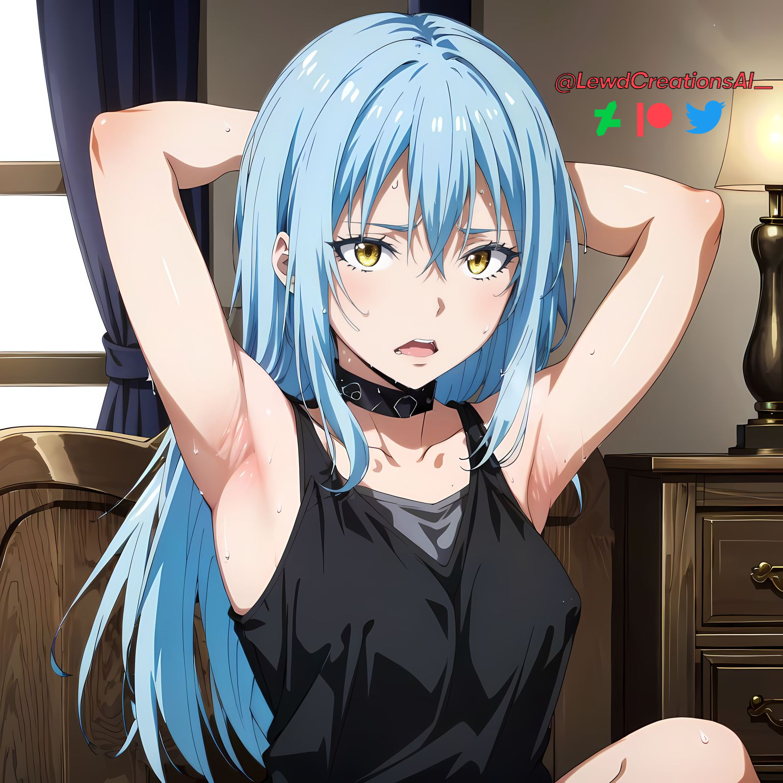 ai generated, armpits, arms behind head, arms up, aroused, blue hair, breasts, choker, female, golden eyes, indoors, lewdcreationsai, looking at viewer, open mouth, rimuru tempest, sweat, sweatdrop, sweating, sweaty armpits, sweaty body, tensei shitara slime datta ken, yellow eyes