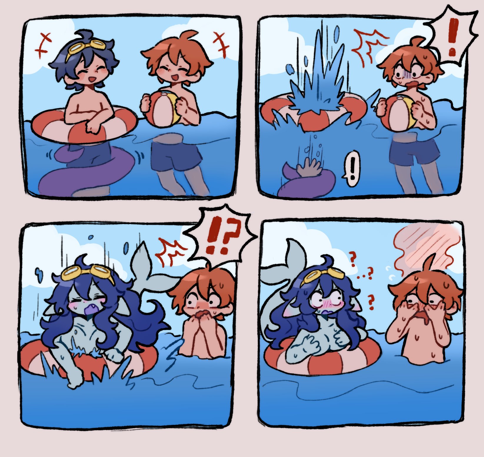 1boy, 1girls, 2boys, ball (object), blush, breasts, female, friends, glasses, kopeniko x, male, mtf transformation, nose blush, partially submerged, partially underwater shot, sea, shark girl, submerged, tentacle, transformation, underwater, water
