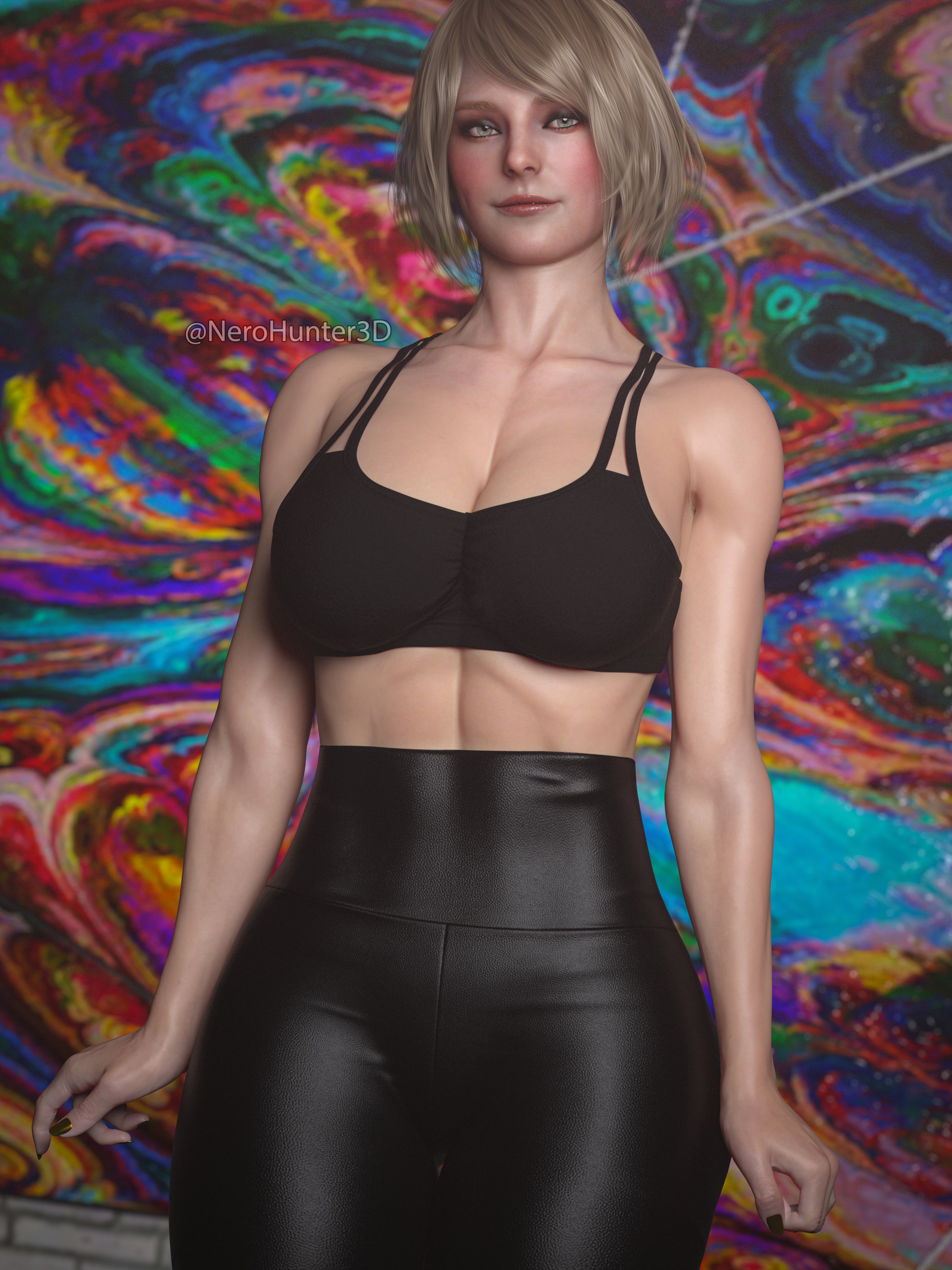 1girls, 3d, abs, absurdres, alternate version available, ashley graham, ashley graham (ella freya), ass, big ass, big breasts, blonde hair, breasts, capcom, female, female only, fit, fit female, highres, muscular, muscular female, nerohunter6, nude, nude female, realistic, resident evil, resident evil 4, resident evil 4 remake, short hair, solo, solo female, sports bra, thick thighs, tights, toned, toned female