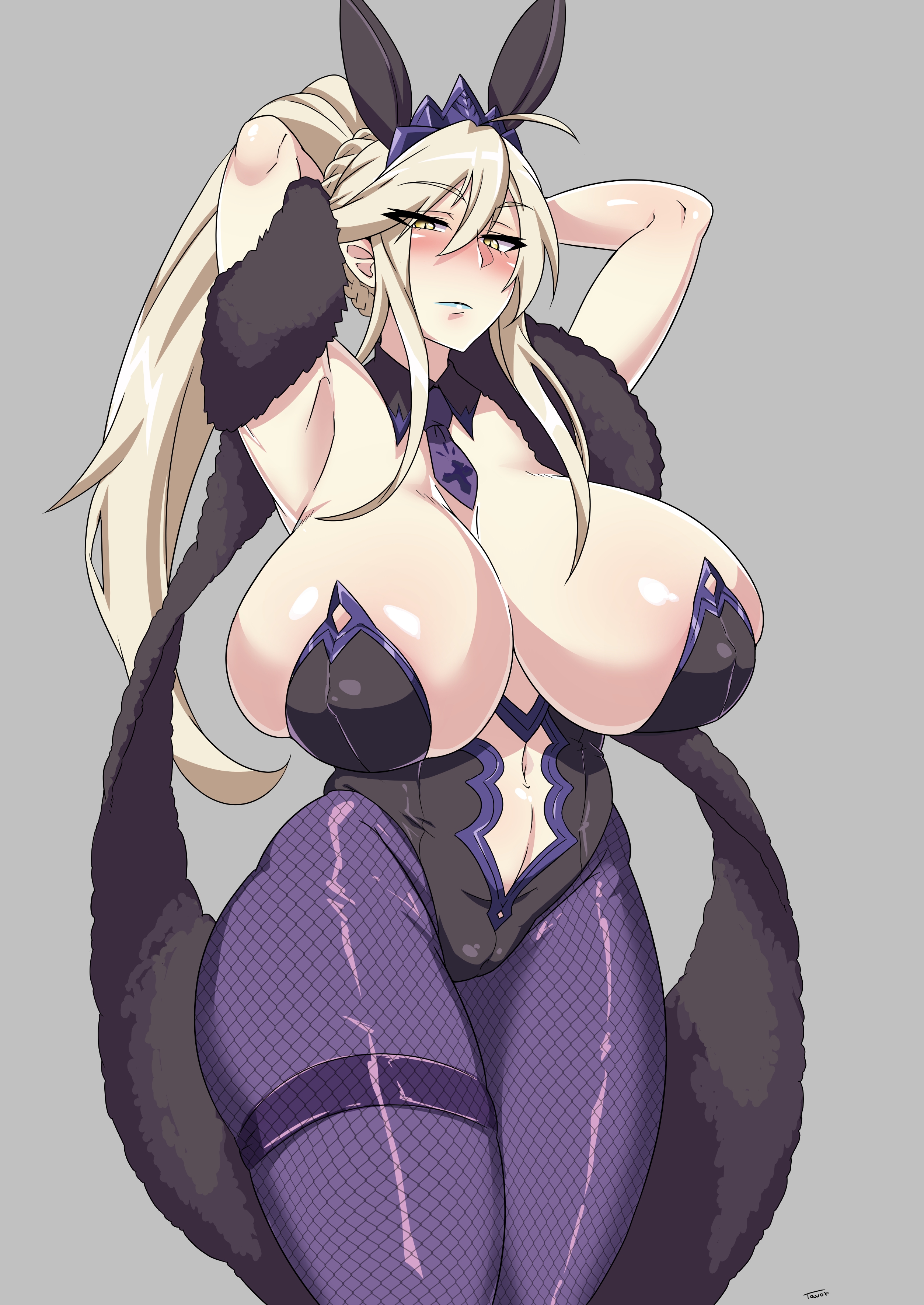 1girls, armpits, arms behind head, arms up, artoria pendragon, artoria pendragon (lancer alter), artoria pendragon (lancer), blonde female, blonde hair, blonde-haired female, blush, breasts, bunnysuit, fate (series), fate/grand order, female, female only, gold eyes, huge breasts, light skin, light-skinned female, solo, solo female, standing, tagme, tavor (m tavor), thick thighs, wide hips