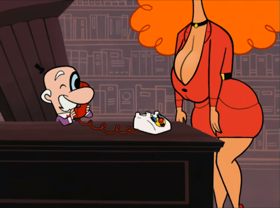 accurate_art_style ass belt big_breasts breasts chair cleavage curly_hair deep_cleavage edit edited edited_screencap head_out_of_frame hips hips_wider_than_shoulders huge_breasts large_breasts long_cleavage long_neck male mayor_mayor miss_bellum necklace orange_hair overflowing_breasts phone powerpuff_girls red_dress red_hair red_suit sara_bellum screencap screenshot screenshot_edit secretary self_upload skindentation thick thick_ass thick_thighs thin_waist wide_hips yetig