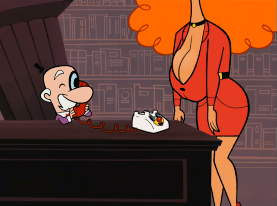 accurate_art_style belt big_breasts breasts chair cleavage curly_hair deep_cleavage edit edited edited_screencap head_out_of_frame huge_breasts large_breasts long_cleavage long_neck male mayor_mayor miss_bellum necklace orange_hair overflowing_breasts phone powerpuff_girls red_dress red_hair red_suit sara_bellum screencap screenshot screenshot_edit secretary self_upload skindentation thin_waist yetig