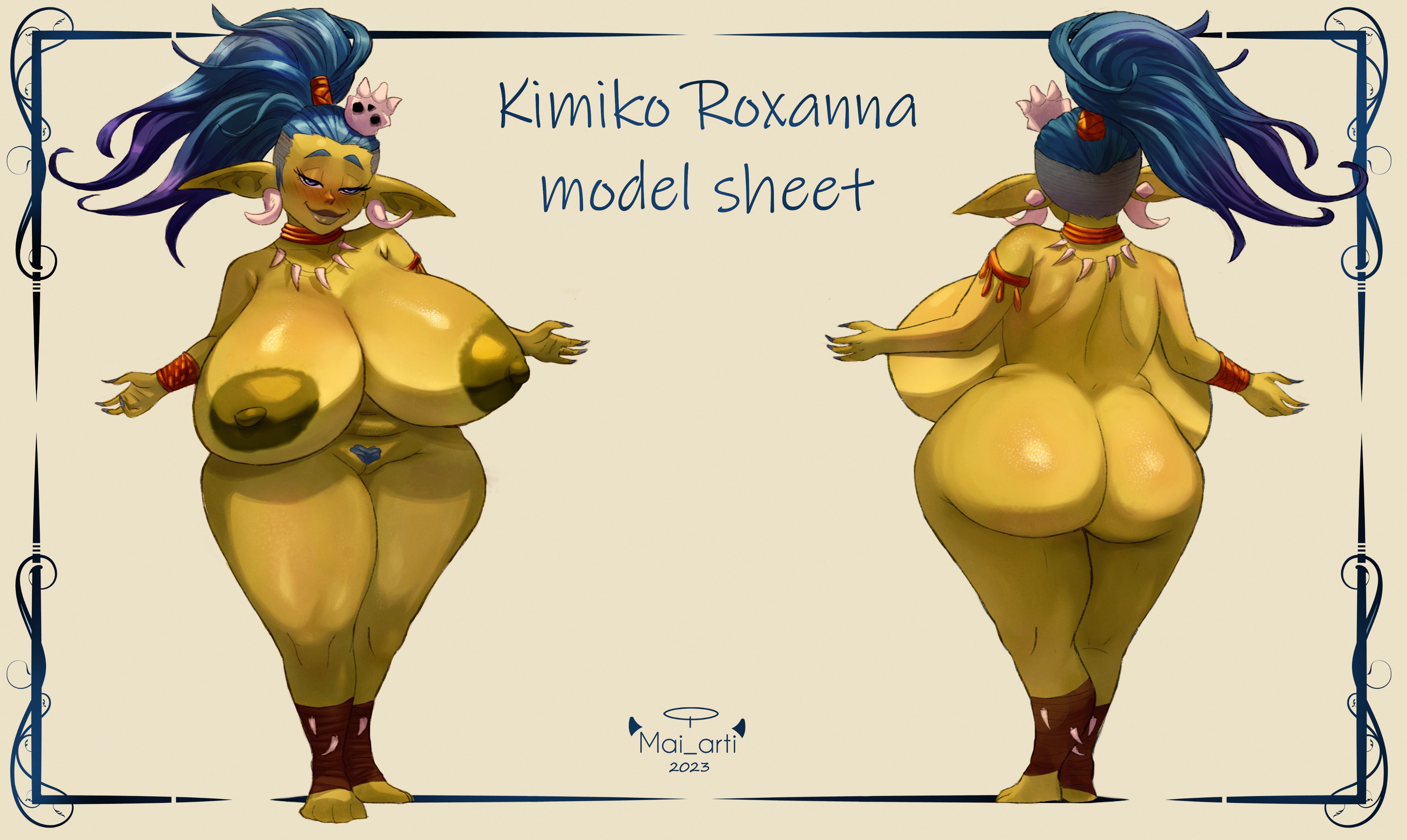 1girls, 2023, absurd res, areolae, ass, big breasts, blue eyes, blue hair, blue pubic hair, breasts, character sheet, female, female only, goblin, goblin female, green skin, heart pubes, high ponytail, huge breasts, long hair, looking at viewer, mai arti, milf, narrowed eyes, nipples, nude, nude female, original, original character, pointy ears, pubic hair, pussy, royalty, shaved side, smiling, smiling at viewer, solo, thick ass, thick thighs, tribal