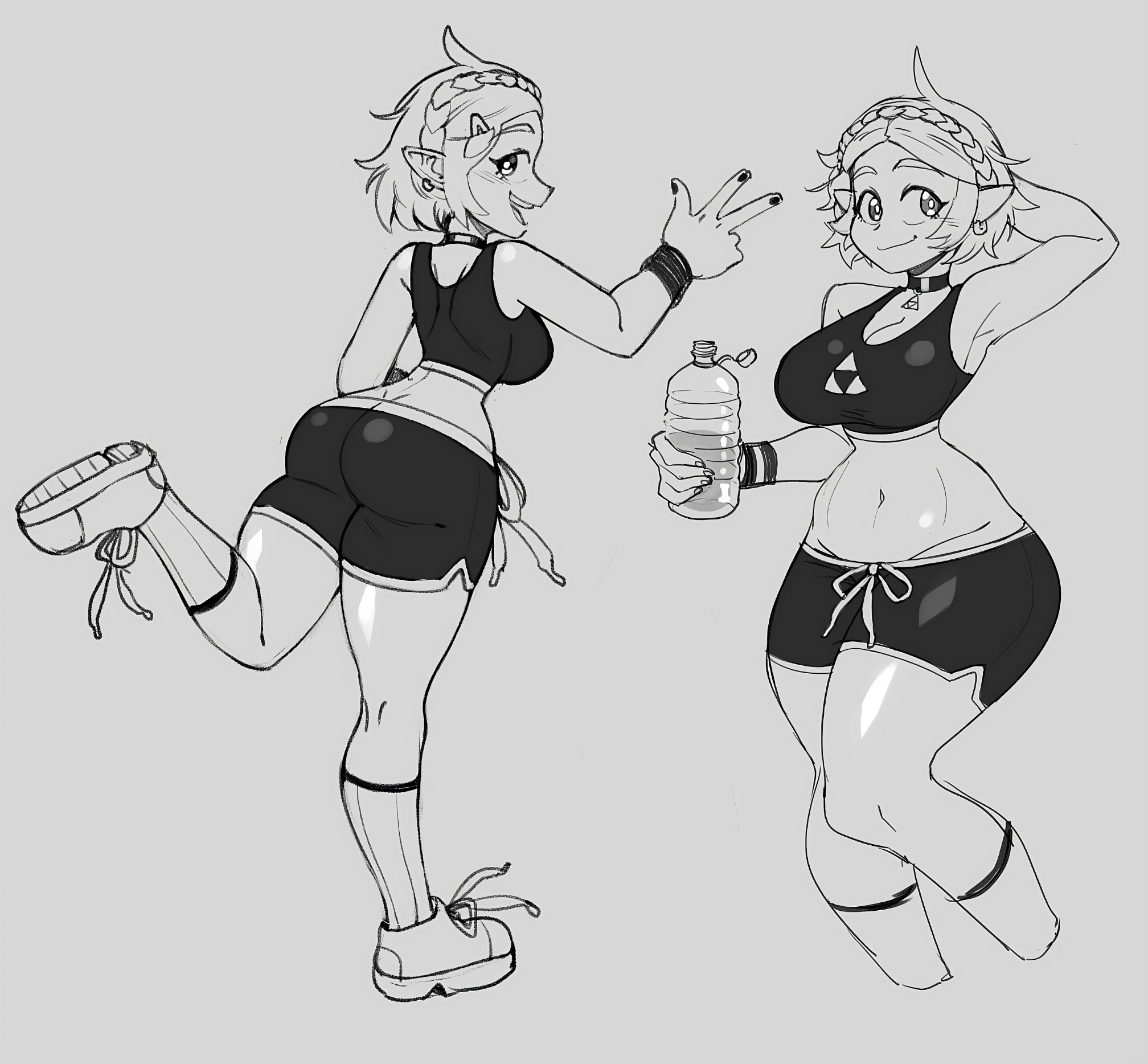1girls, ass, back view, big ass, big breasts, big butt, black shorts, black sports bra, braided hair, breasts, female, front view, hand behind head, jogging, monochrome, mossy (artist), nintendo, official mossy, pointy ears, princess zelda, shoes, short hair, shorts, socks, sports bra, tears of the kingdom, the legend of zelda, thick thighs, water bottle, wide hips, workout clothes, zelda (tears of the kingdom)