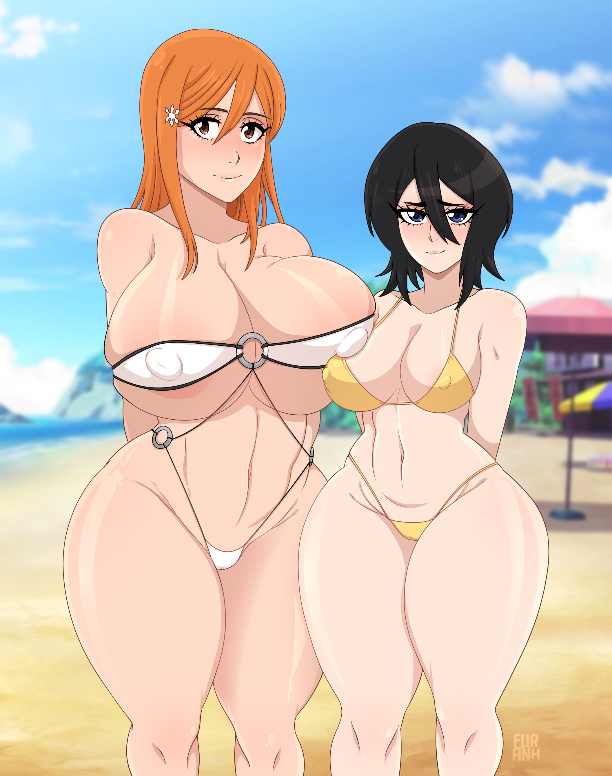 2girls, alternate breast size, bikini, black hair, bleach, bleach: the thousand-year blood war, blush, breasts, brown eyes, female, female only, furanh, inoue orihime, kuchiki rukia, multiple females, multiple girls, orange hair, size difference, small breasts, white skin