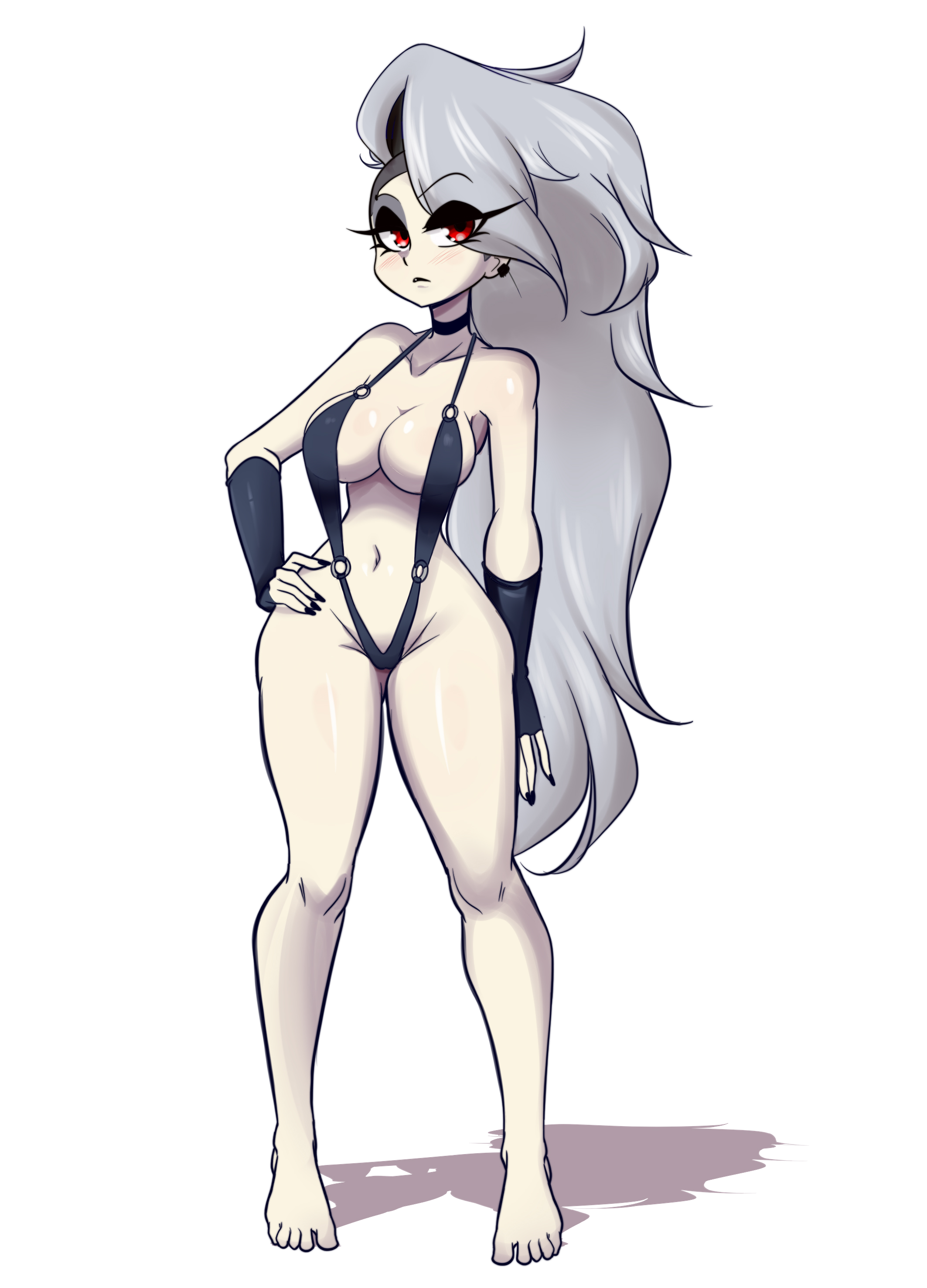 1girls, big breasts, breasts, female, female only, grey hair, helluva boss, human loona, long gray hair, long hair, loona (helluva boss), lucyfercomic, sling bikini, thick thighs, vivienne medrano