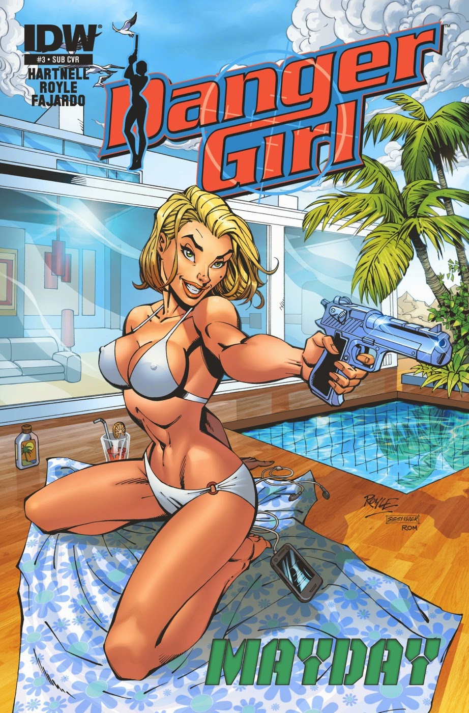 abbey_chase aiming_weapon alcoholic_drink bikini cellphone danger_girl danger_girl:_mayday deck desert_eagle earbuds gun idw_comics idw_publishing john_royle kneeling looking_offscreen medium_hair nipple_bulge palm_trees pistol_in_hand secret_agent small_waist sunbathing suntan_lotion white_bikini