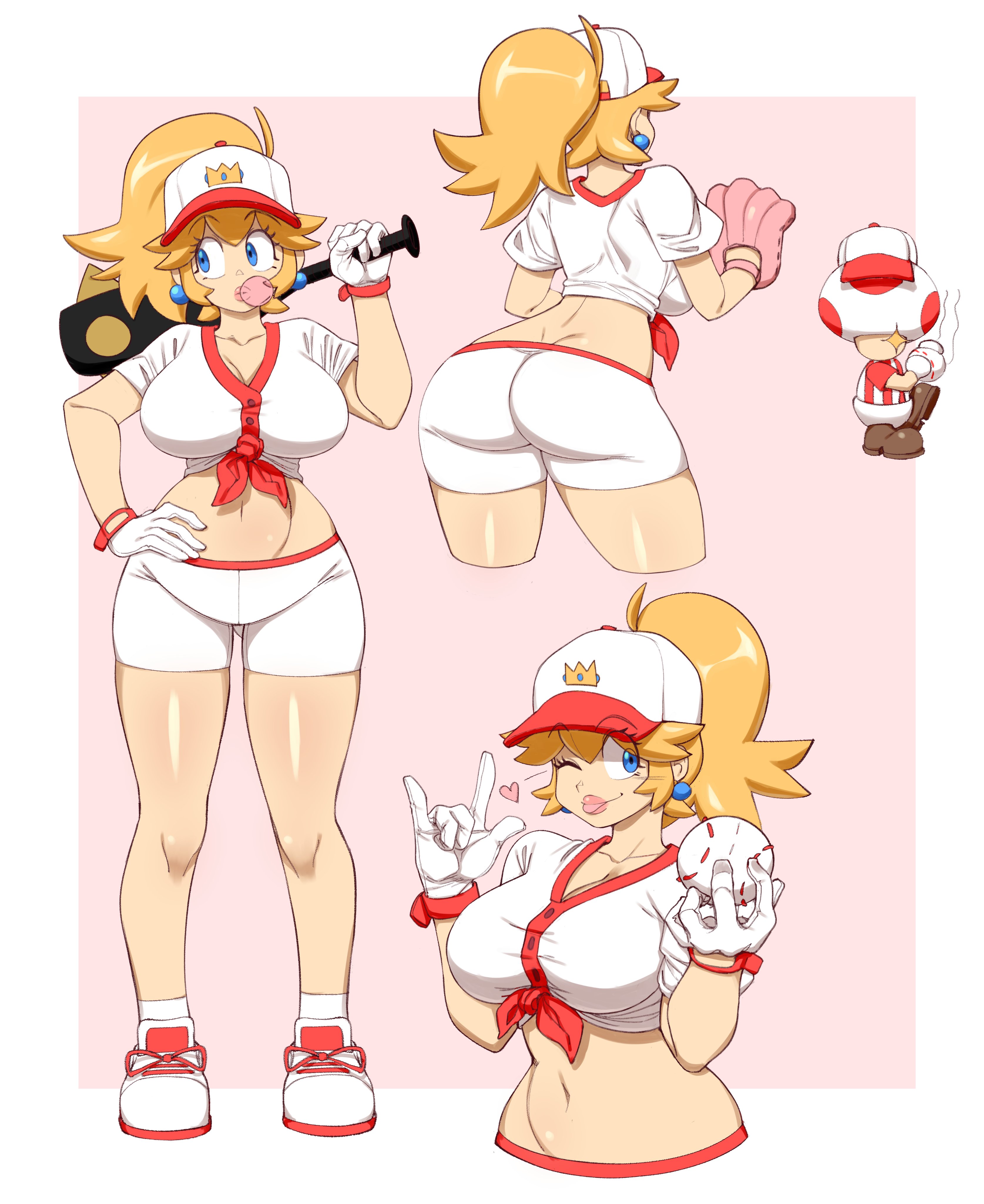 1boy, 1girls, ass, back view, baseball (ball), baseball bat, baseball cap, baseball glove, baseball uniform, big ass, big breasts, big butt, blonde hair, blowing bubblegum, blue eyes, breasts, bubblegum, cleavage, clothing, earrings, female, female focus, front view, full body, gloves, huge breasts, large ass, large breasts, large butt, male, mario (series), midriff, midriff baring shirt, mossy (artist), multiple views, nintendo, official mossy, pink background, ponytail, princess peach, shoes, shorts, simple background, solo focus, standing, thick ass, thick thighs, tied hair, tied shirt, toad (mario), white border, white gloves, wide hips