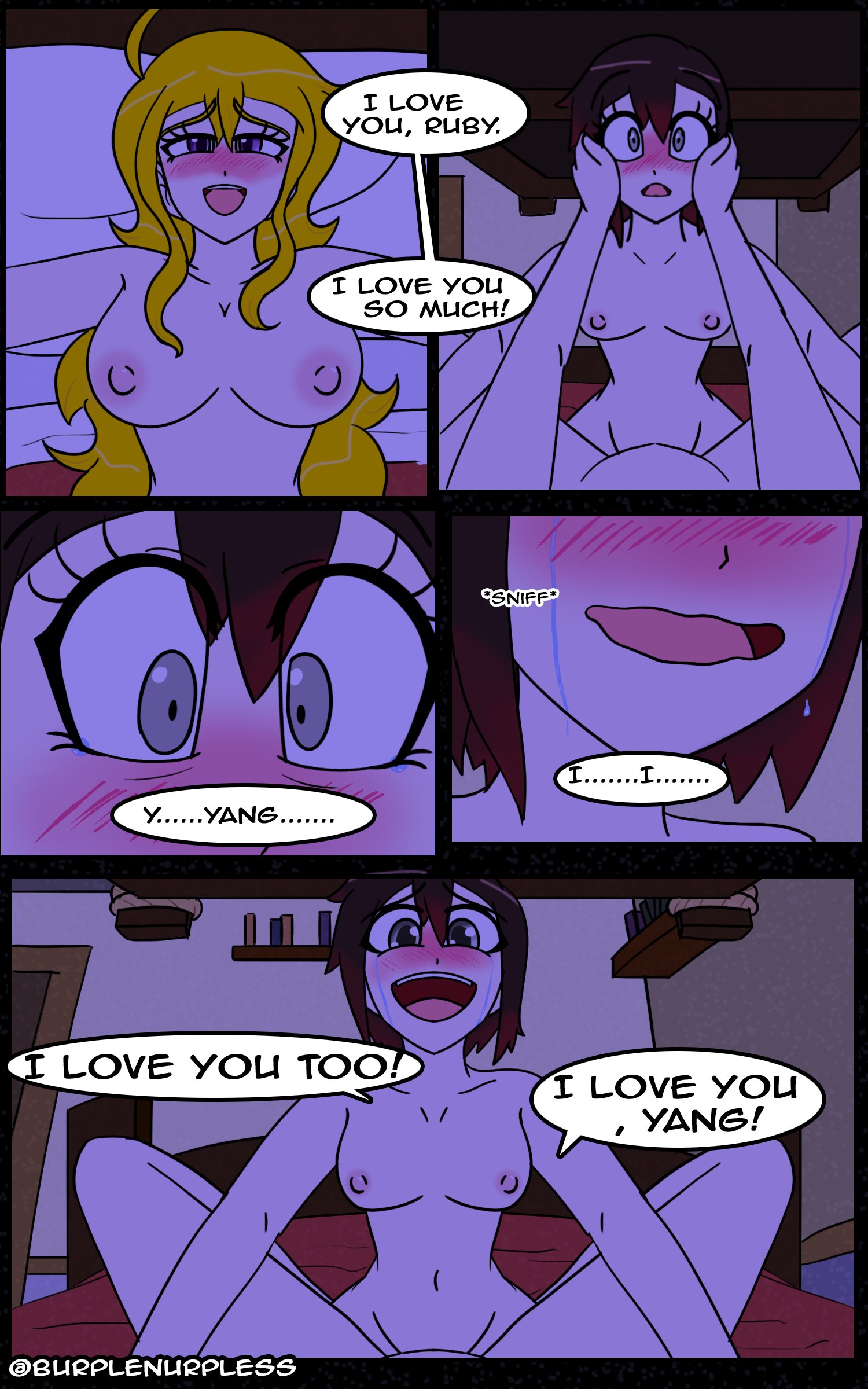 1futa, 1girls, 2020, ahoge, areolae, big breasts, big penis, black hair, blonde hair, breasts, burplenurpless, comic, completely nude, crying, dialogue, dual pov, duo, english text, erection, female, female pov, futa on female, futanari, half siblings, half-sisters, handjob, happy, human, incest, intersex, light skin, light-skinned female, light-skinned futa, long hair, love confession, nipples, nude, nude female, nude futa, penis, pov, pussy, ruby rose, rwby, short hair, siblings, sisters, taker pov, tears of joy, text, vaginal penetration, yang xiao long