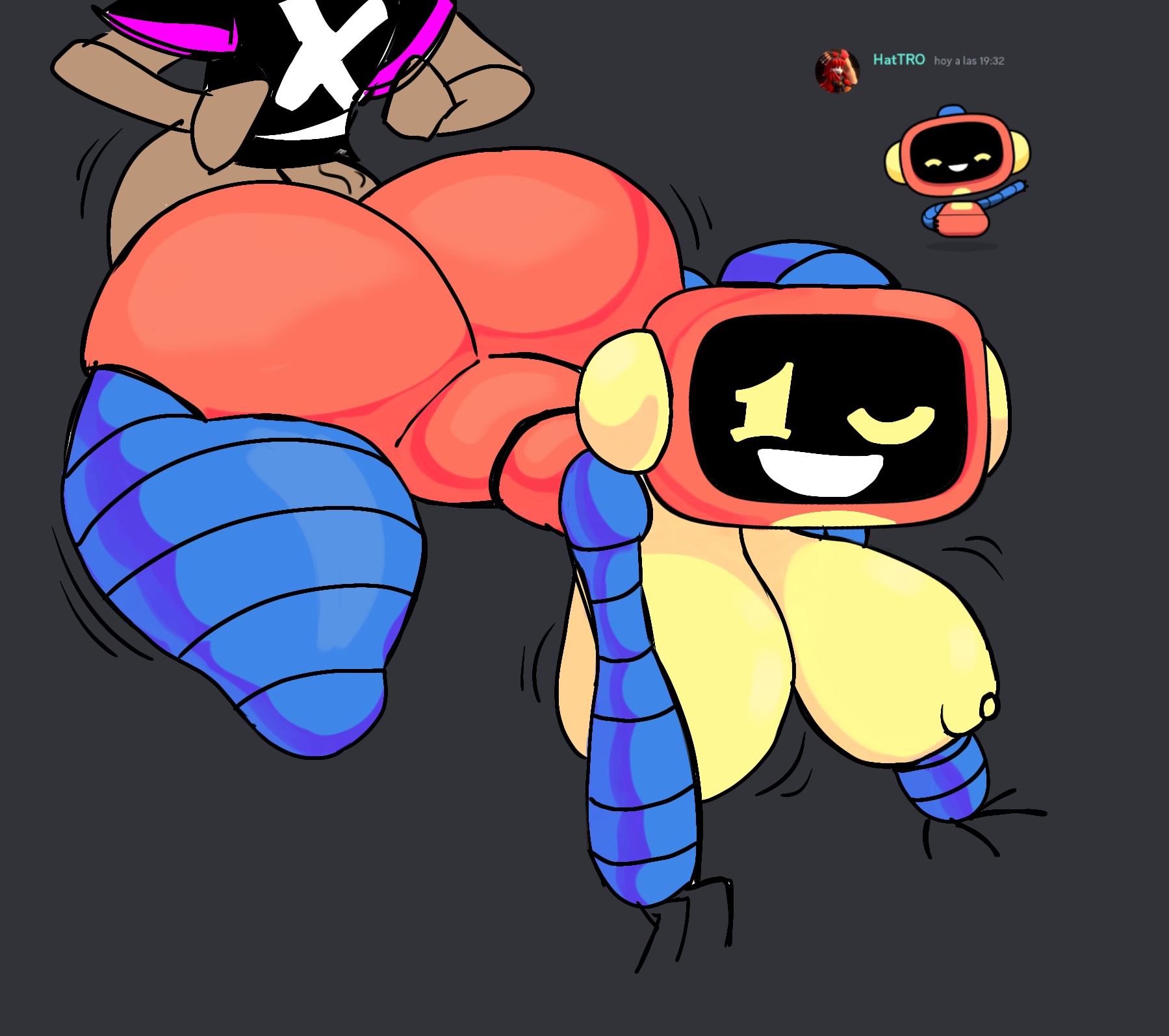 1boy, 1girl, ambiguous penetration, big ass, big breasts, clyde (discord), clydebot (discord), dark penis, dark skin, dark-skinned male, discord, discord (app), discord username, enjoying sex, female, fucking, genderswap, genderswap (mtf), gripping, male, penis, pleasure face, reference image, robot, robot girl, rule 63, sex, thick thighs, wobbling ass, wobbling breasts
