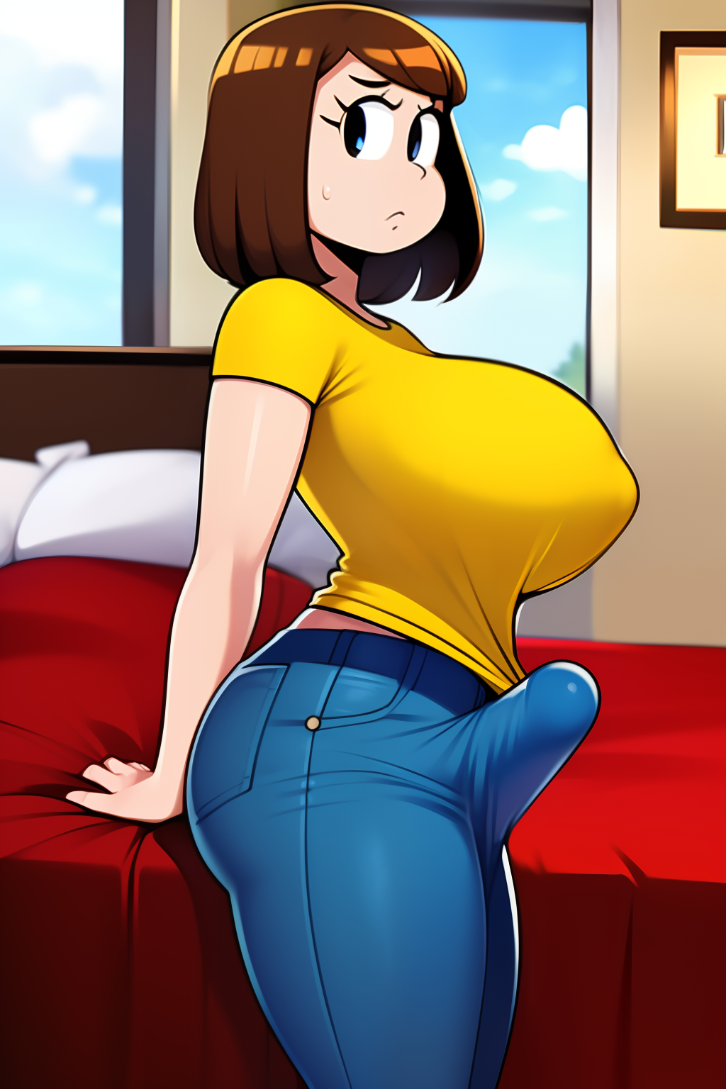 1futa ai_generated bedroom big_breasts blue_eyes blue_jeans breasts brown_hair bulge erect_futa erection erection_under_clothes female futa_bulge futa_only futanari girl jeans nervous seaart.ai yellow_shirt