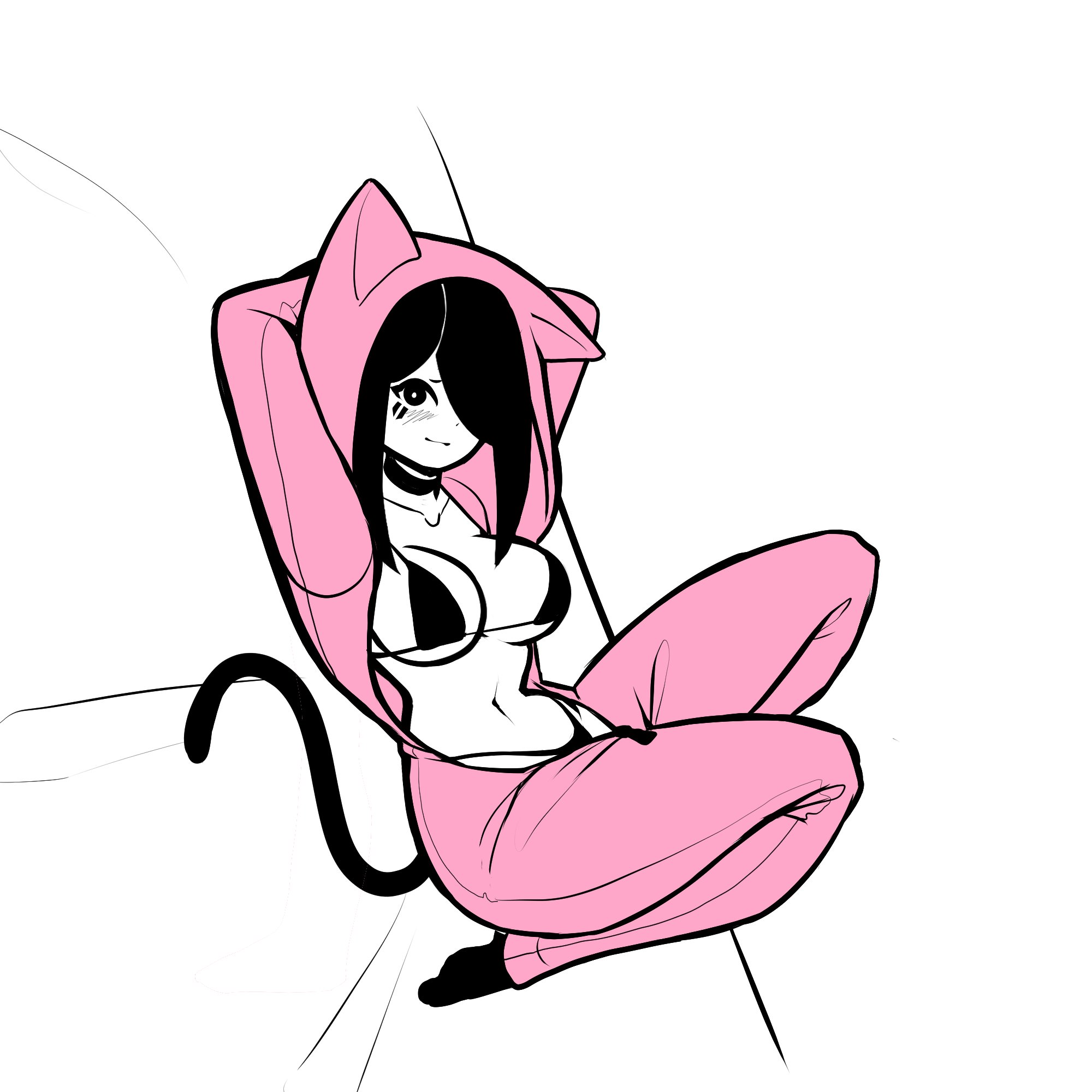 1girls, 2023, animal ears, arms up, bikini, black bikini, black eyes, black hair, blush, breasts, cat ears, cat girl, cat tail, catgirl, catte (tekona), choker, cute, facial markings, female, kigurumi, looking at viewer, navel, original, pajamas, smile, socks, tagme, tail, tekona